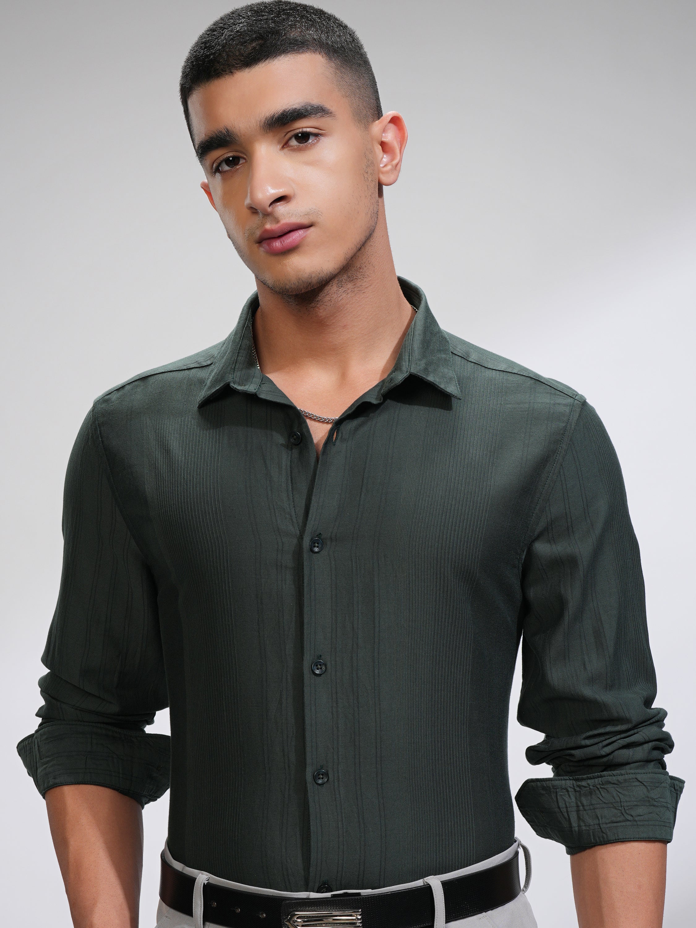 Highlander Men Green Striped Slim Fit Casual Shirt - Green - Image 1