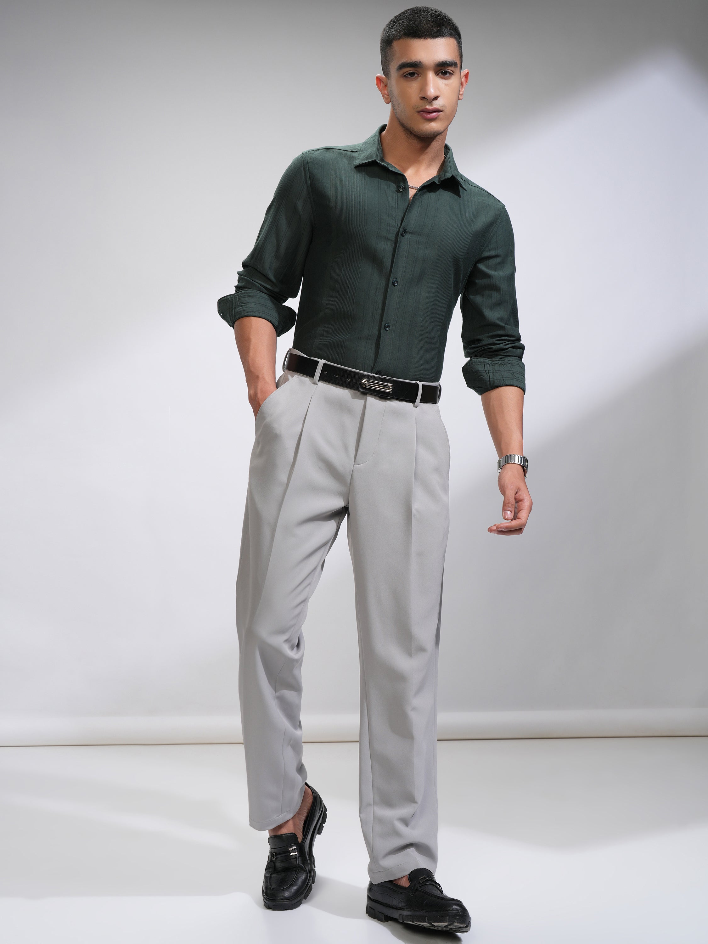 Highlander Men Green Striped Slim Fit Casual Shirt - Green - Image 2