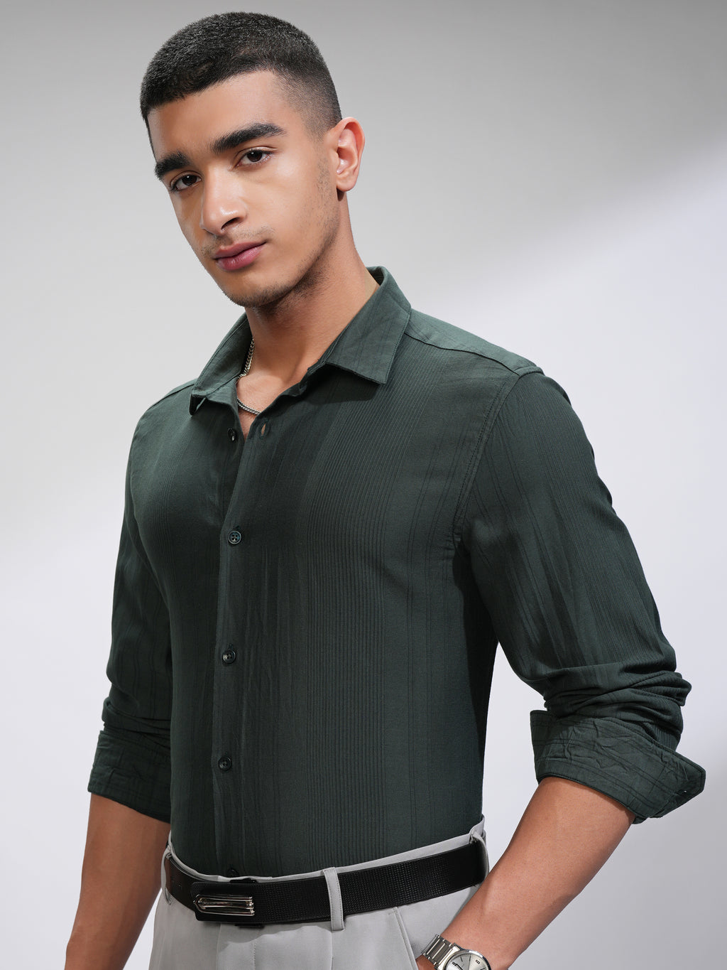 Highlander Men Green Striped Slim Fit Casual Shirt - Green - Image 4