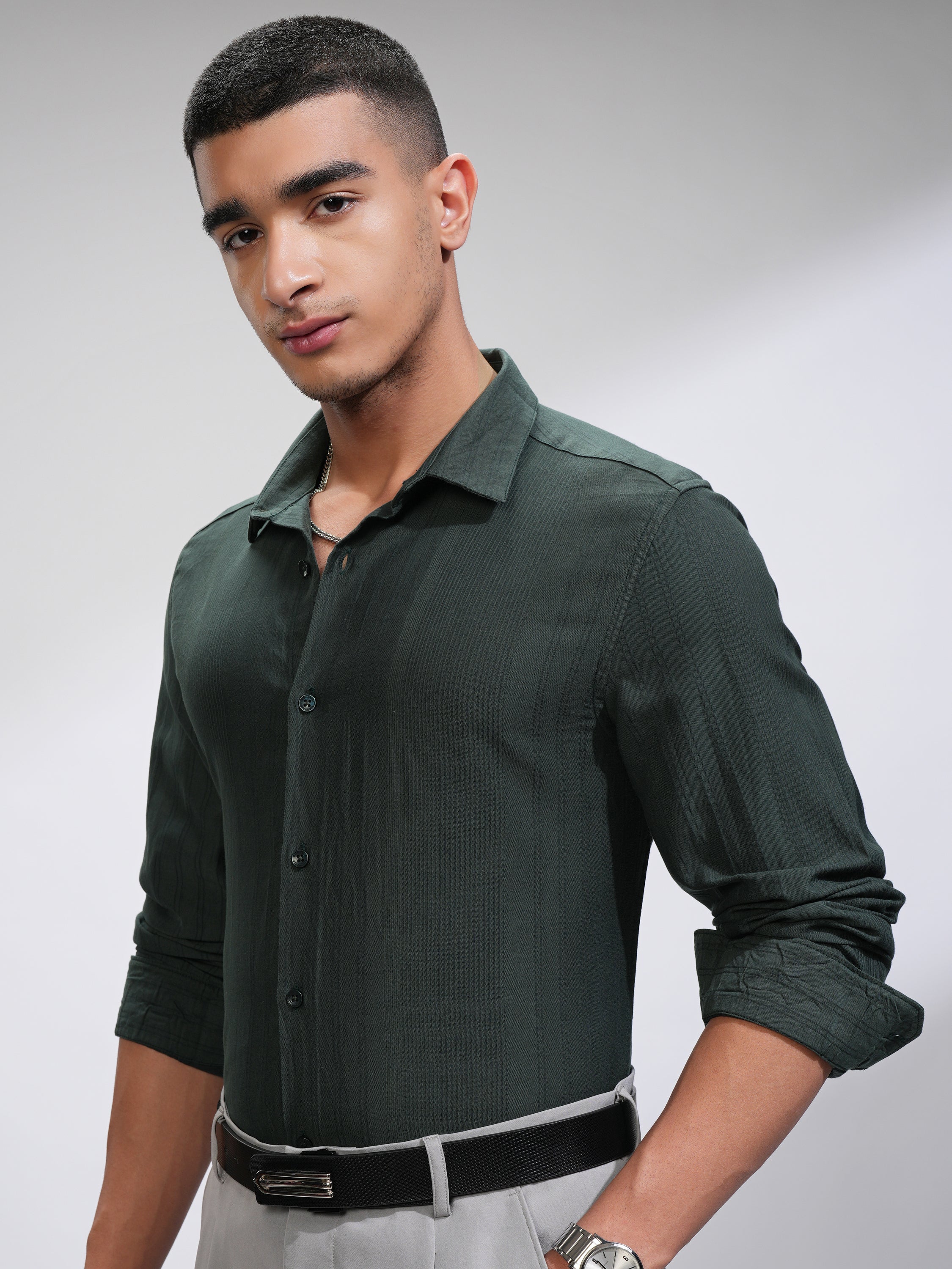 Highlander Men Green Striped Slim Fit Casual Shirt - Green - Image 4