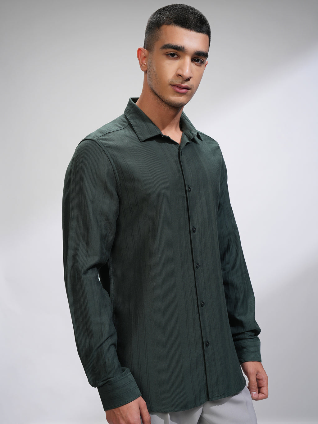 Highlander Men Green Striped Slim Fit Casual Shirt - Green - Image 6