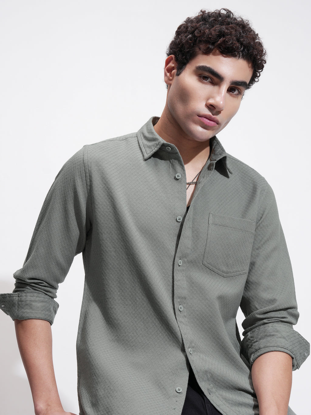 Highlander Men Green Self Design Slim Fit Casual Shirt - Green - Image 1