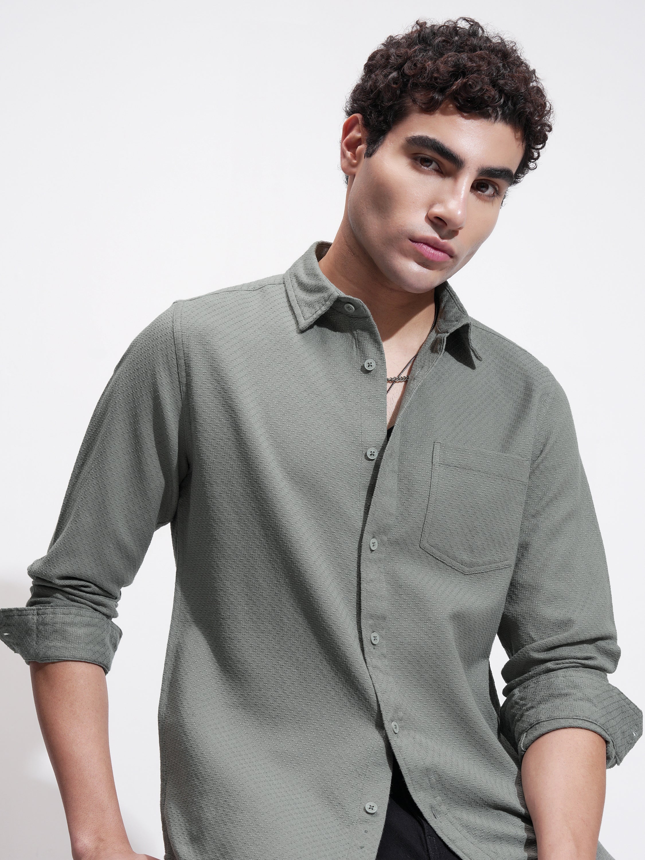 Highlander Men Green Self Design Slim Fit Casual Shirt - Green - Image 1