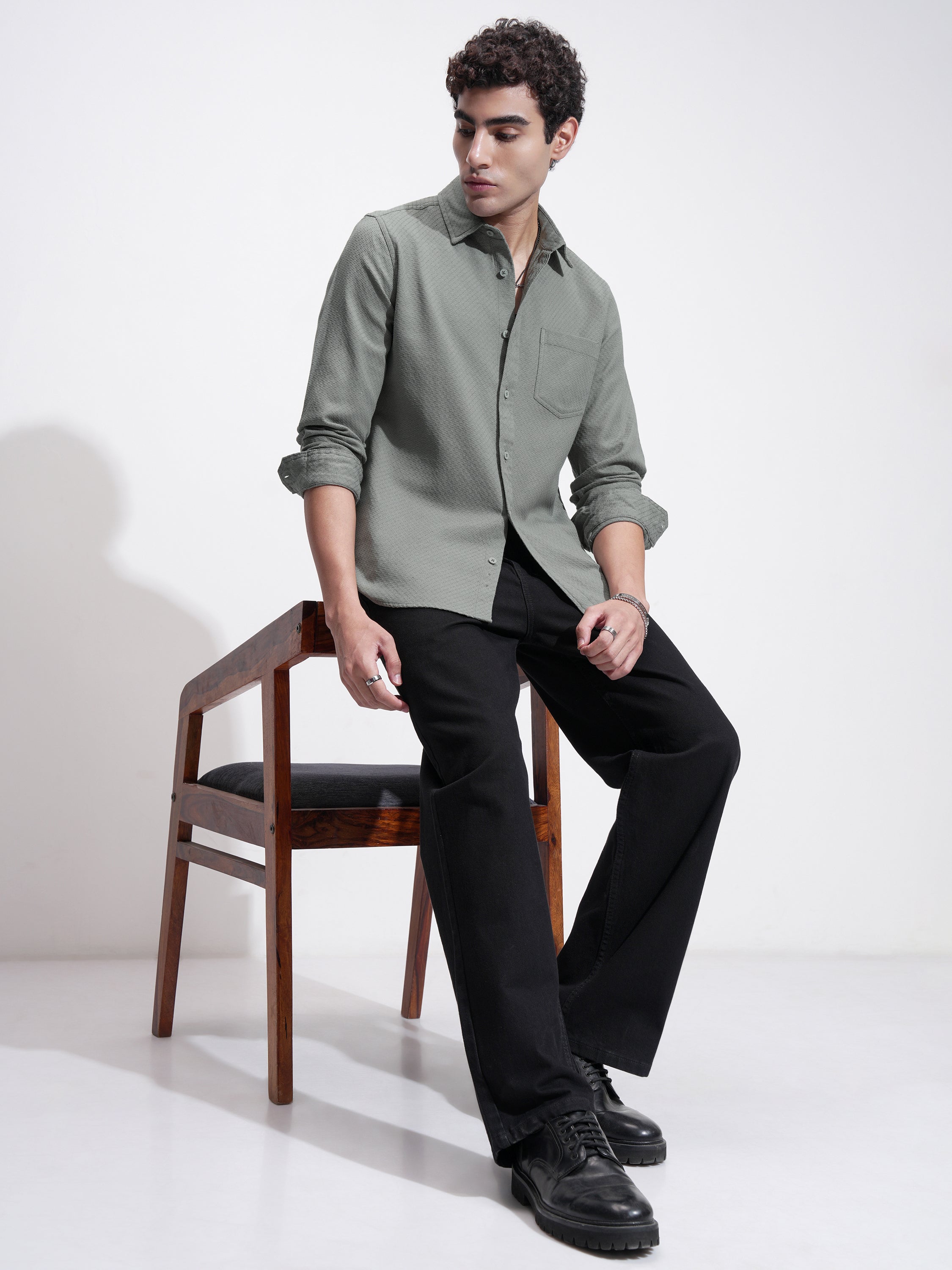 Highlander Men Green Self Design Slim Fit Casual Shirt - Green - Image 2