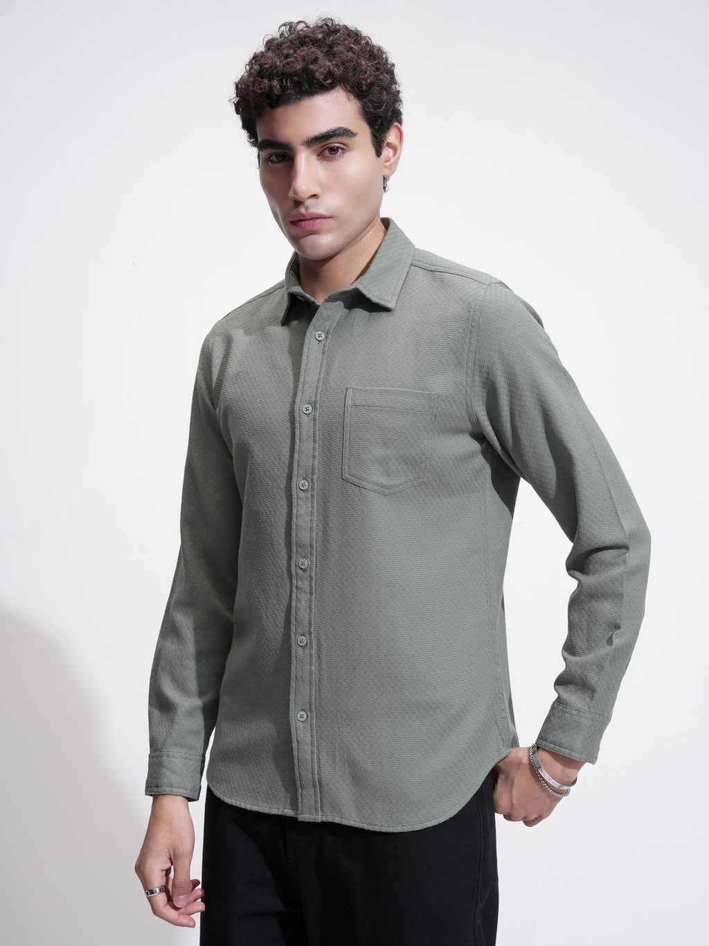 Highlander Men Green Self Design Slim Fit Casual Shirt - Green - Image 4