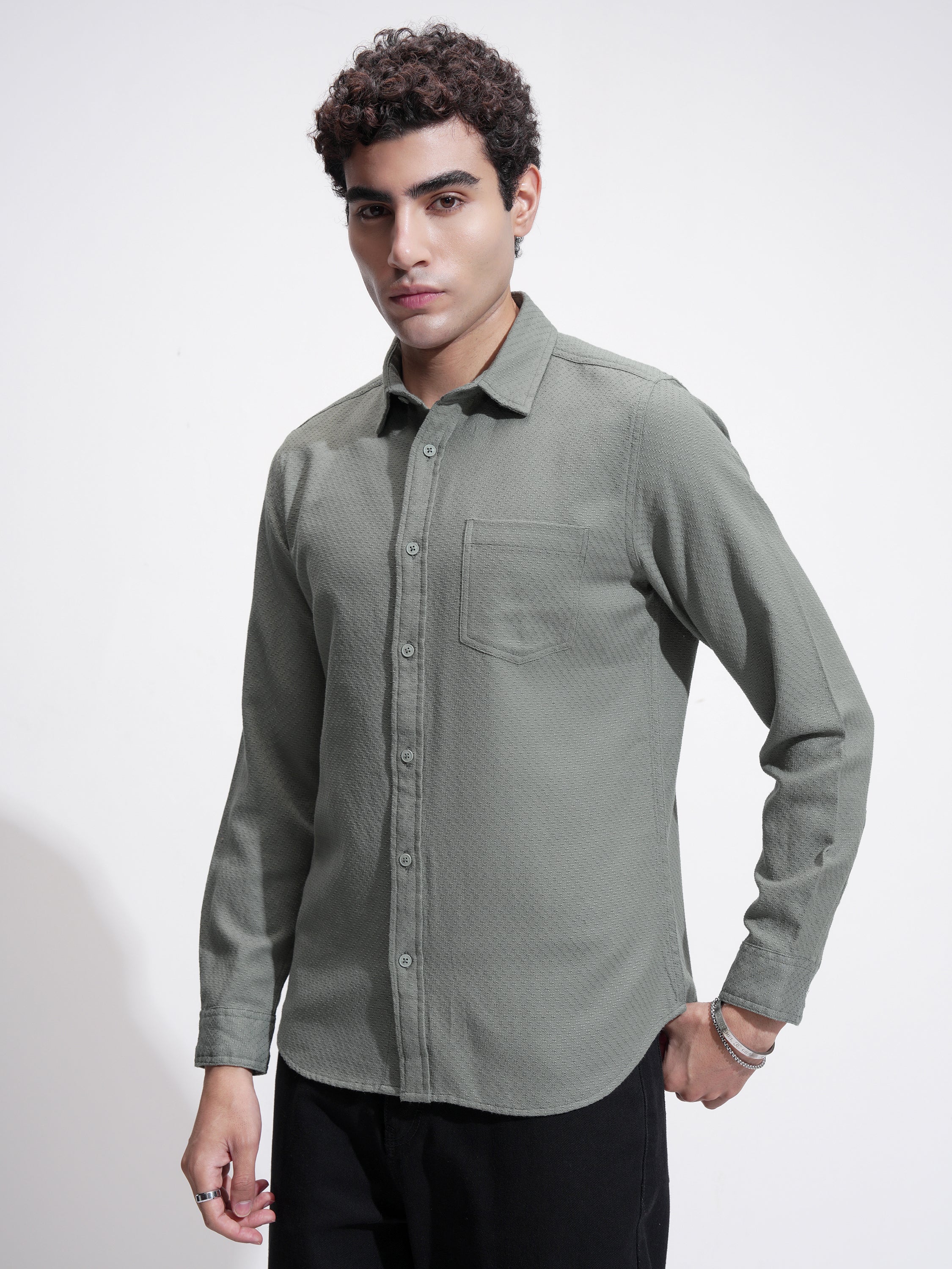 Highlander Men Green Self Design Slim Fit Casual Shirt - Green - Image 4