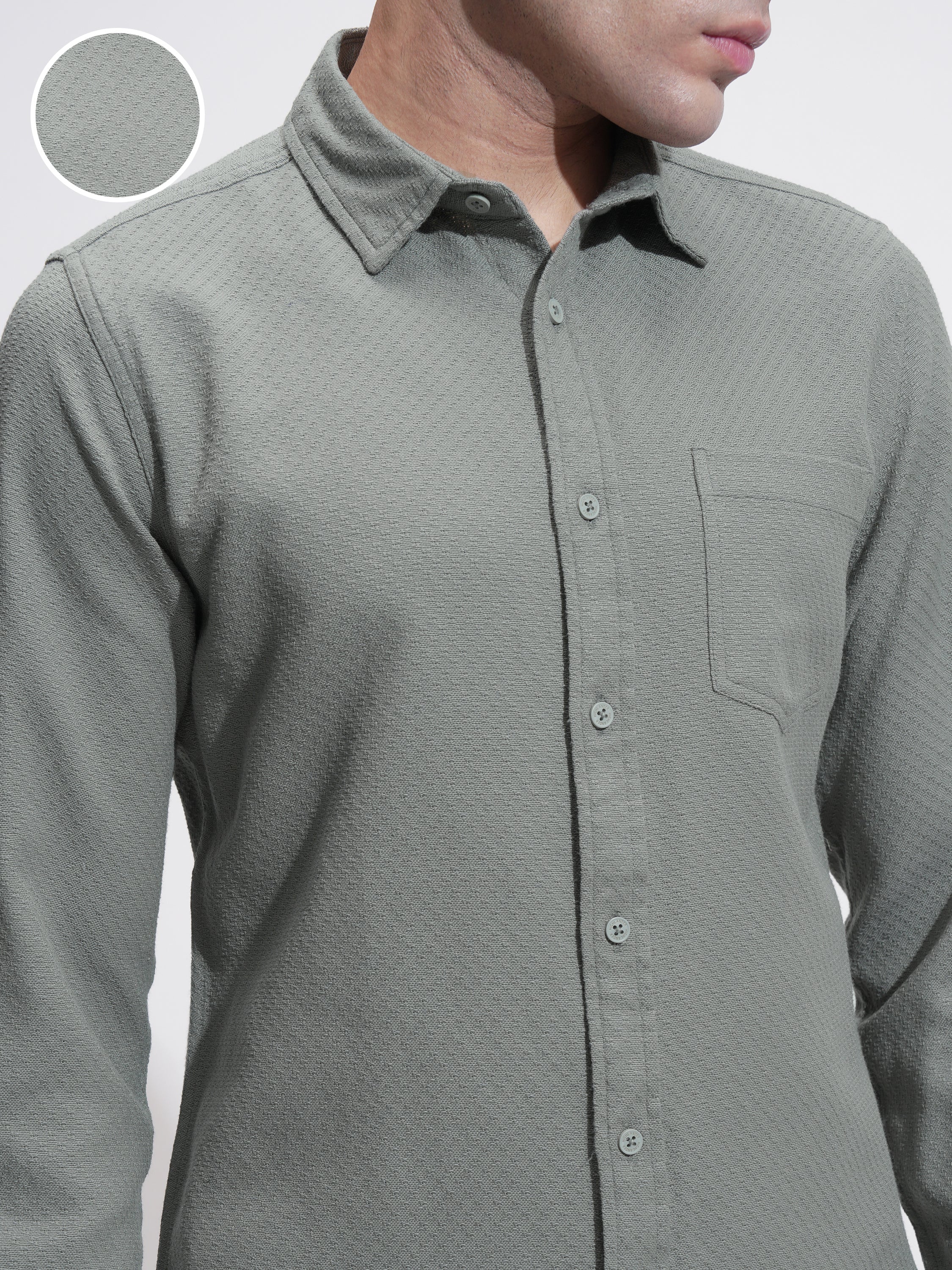 Highlander Men Green Self Design Slim Fit Casual Shirt - Green - Image 5