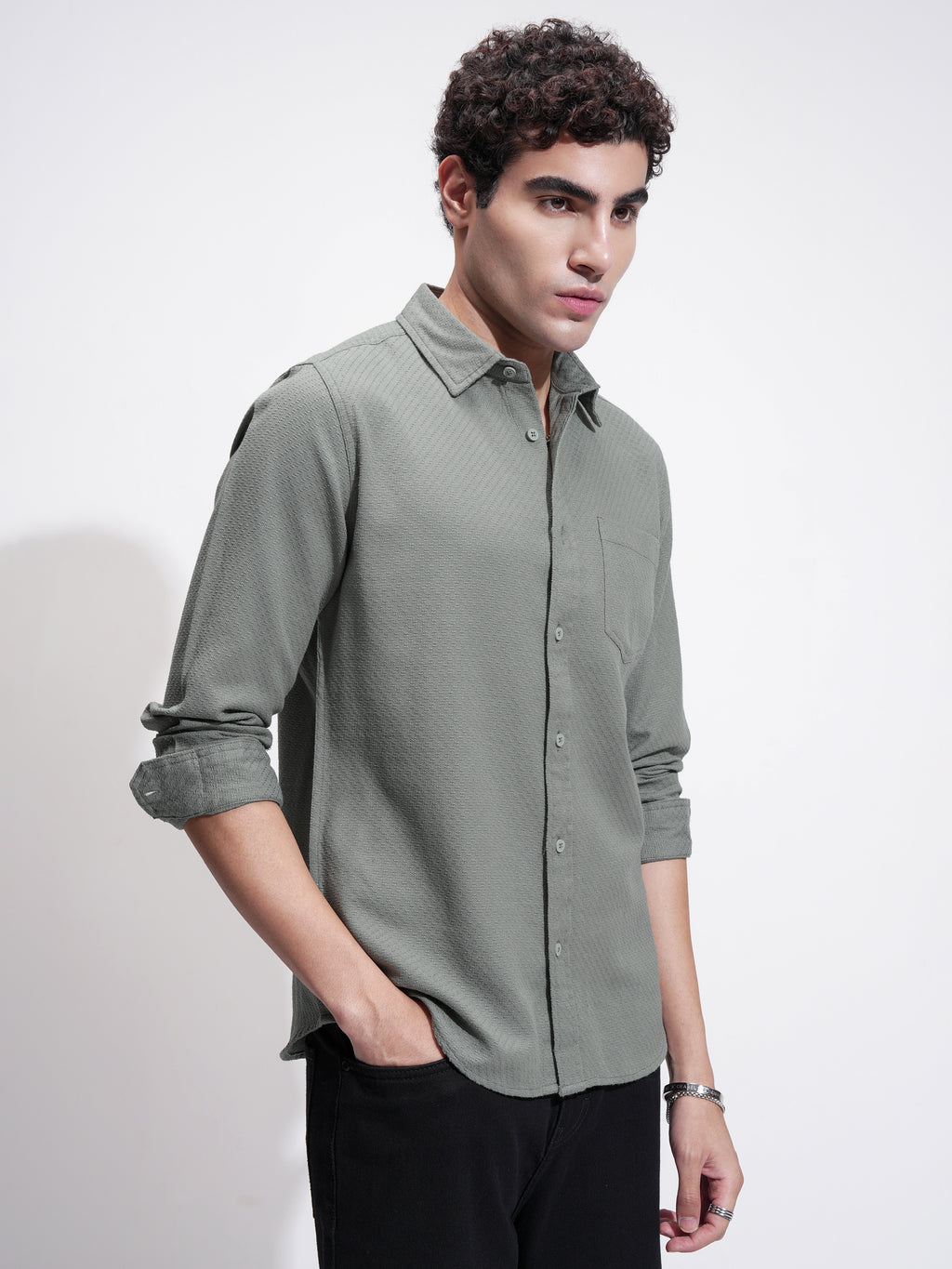 Highlander Men Green Self Design Slim Fit Casual Shirt - Green - Image 6