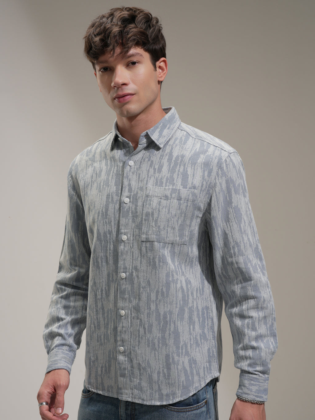 Highlander Men Blue Self Design Relaxed Fit Casual Shirt - Blue - Image 4