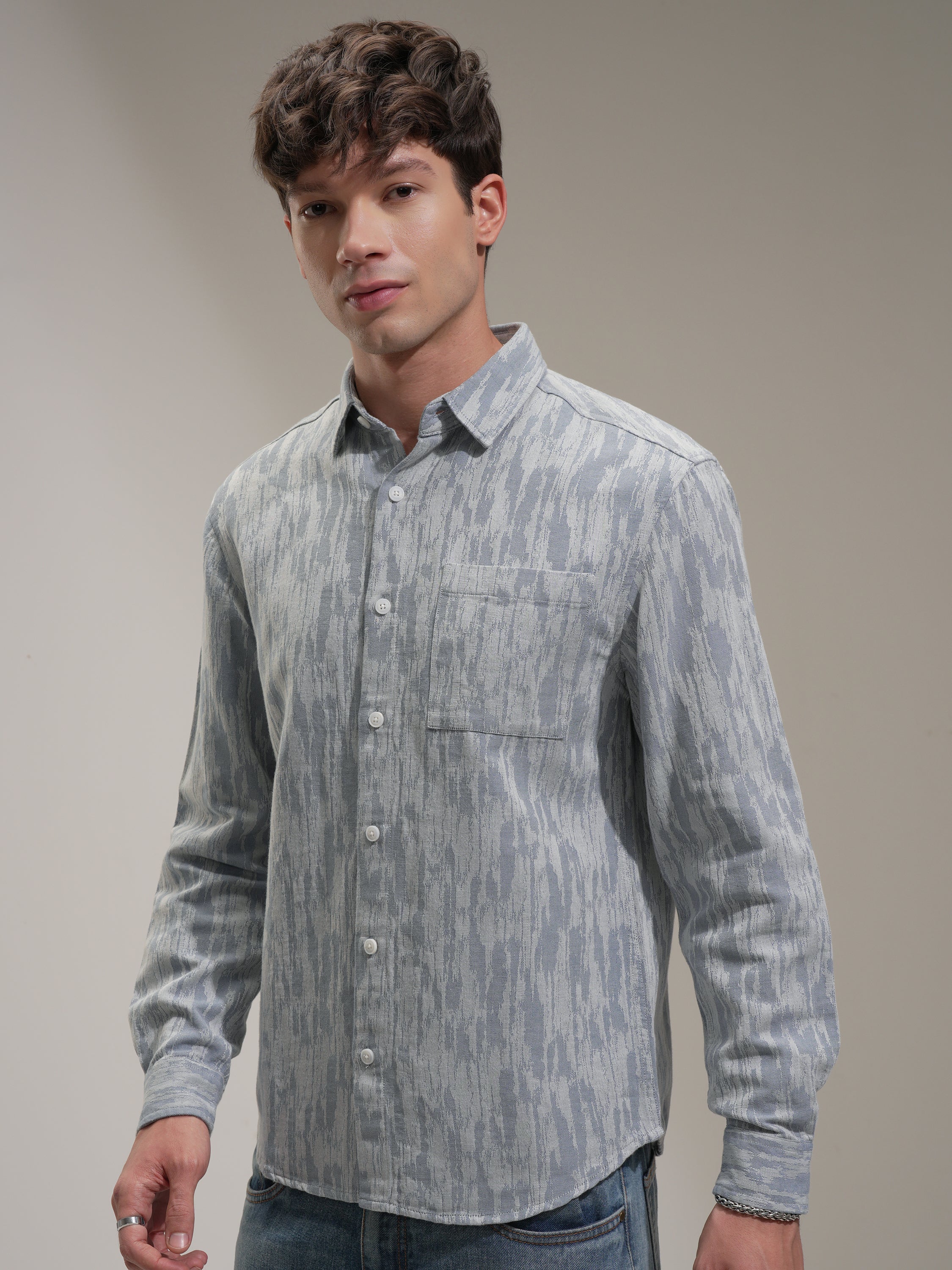 Highlander Men Blue Self Design Relaxed Fit Casual Shirt - Blue - Image 4