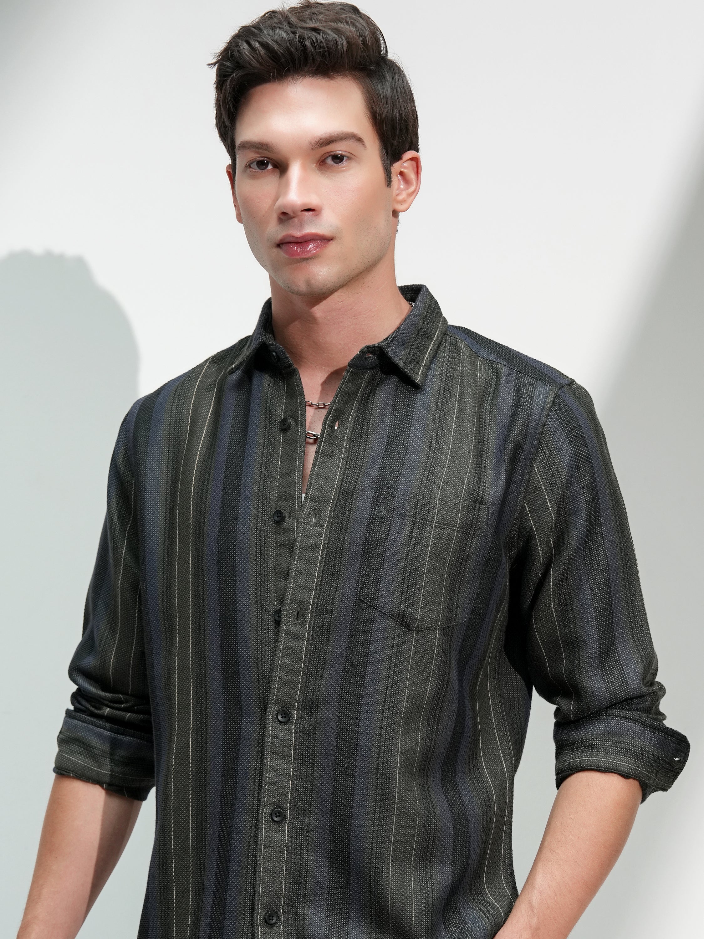 Highlander Men Olive Striped Slim Fit Casual Shirt - Olive - Image 1