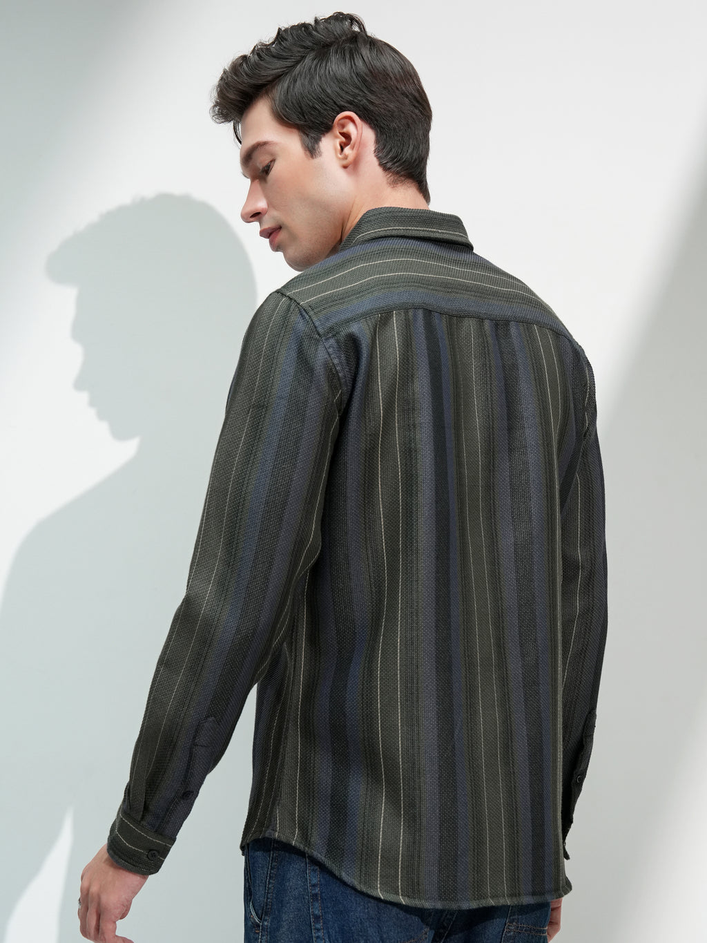 Highlander Men Olive Striped Slim Fit Casual Shirt - Olive - Image 3
