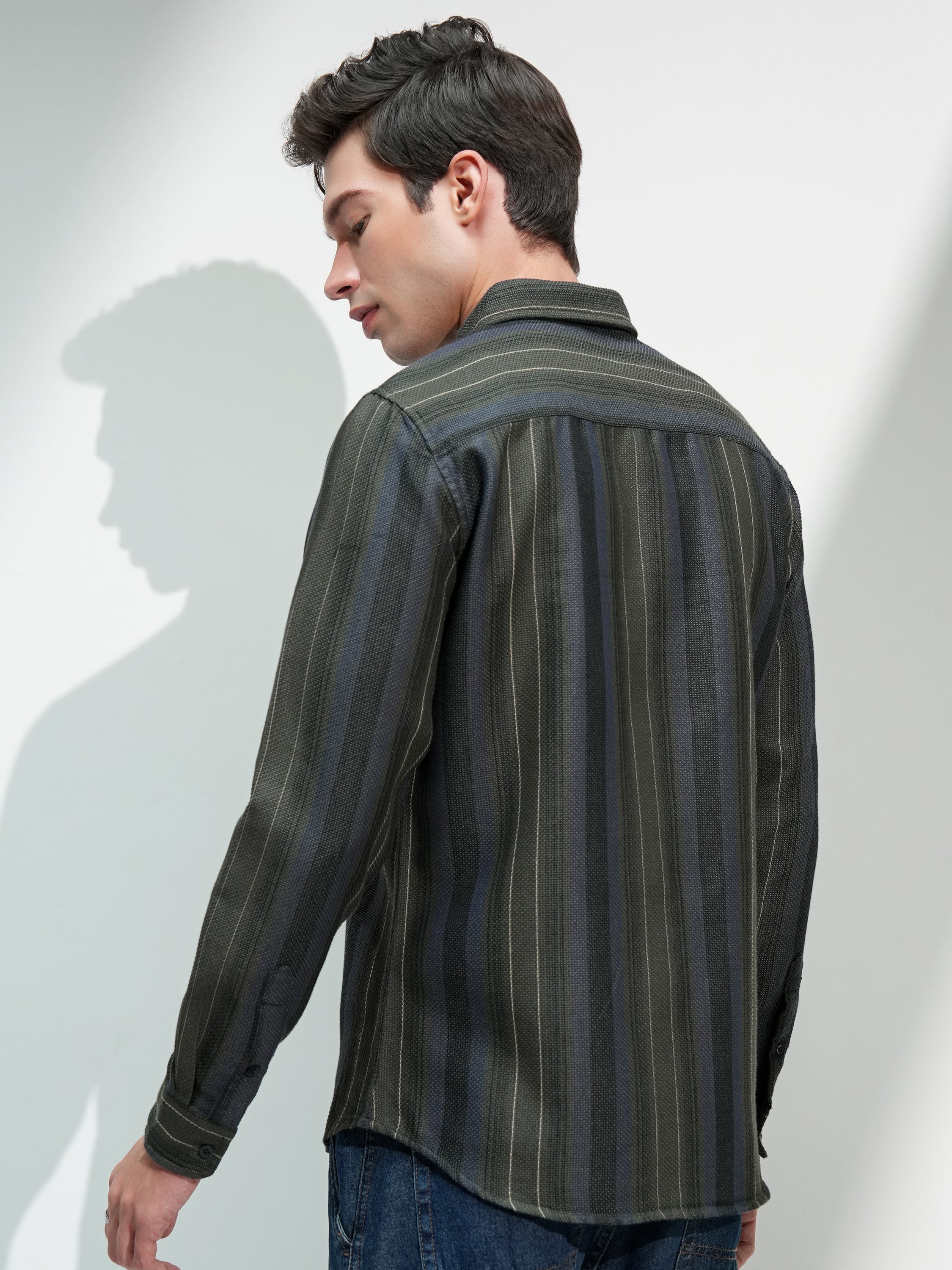 Highlander Men Olive Striped Slim Fit Casual Shirt - Olive - Image 3