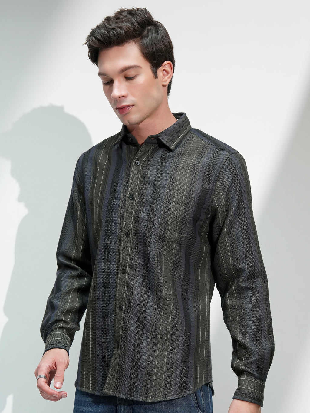 Highlander Men Olive Striped Slim Fit Casual Shirt - Olive - Image 4