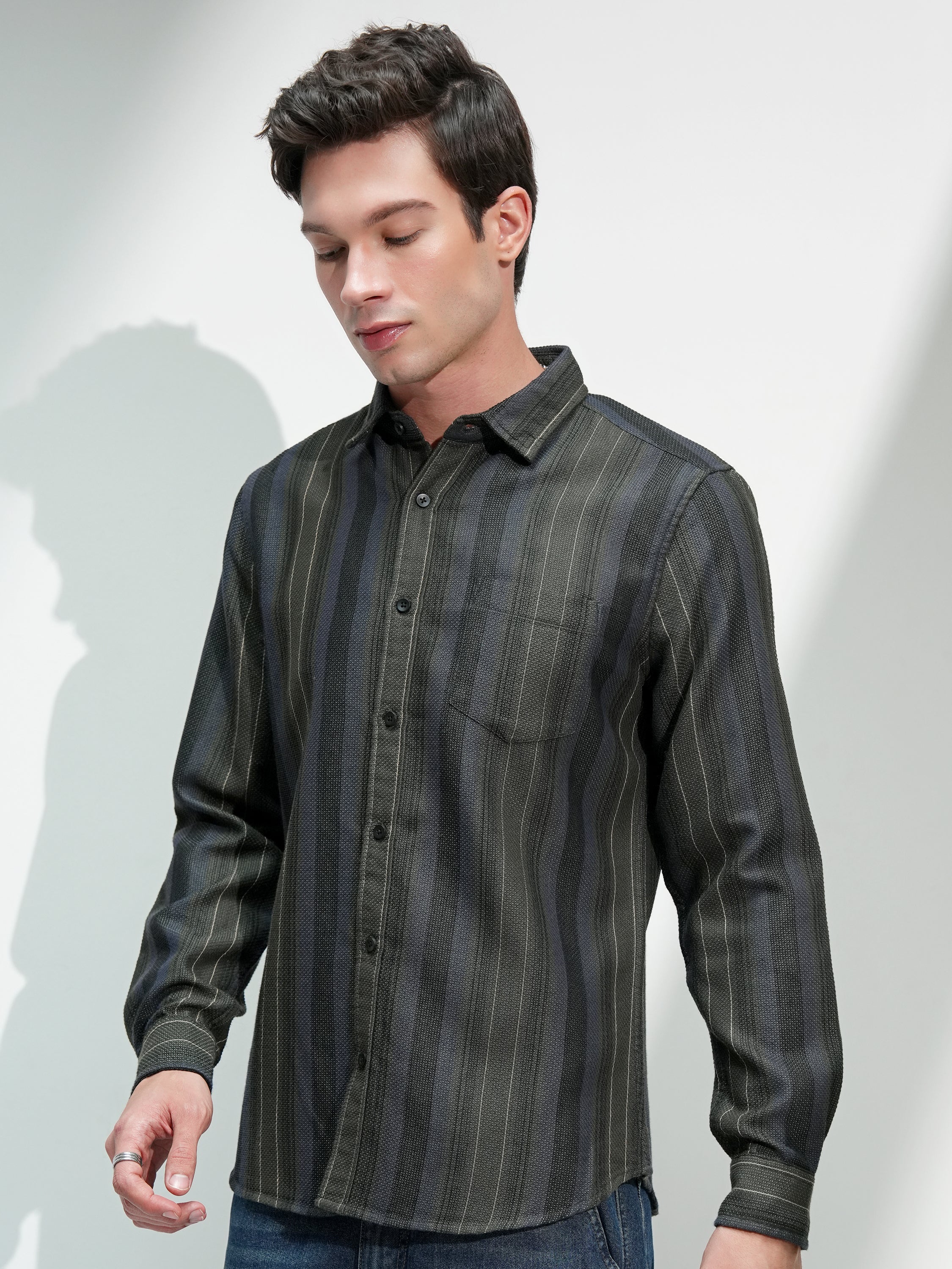 Highlander Men Olive Striped Slim Fit Casual Shirt - Olive - Image 4