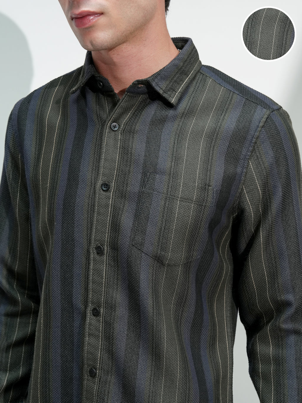 Highlander Men Olive Striped Slim Fit Casual Shirt - Olive - Image 5