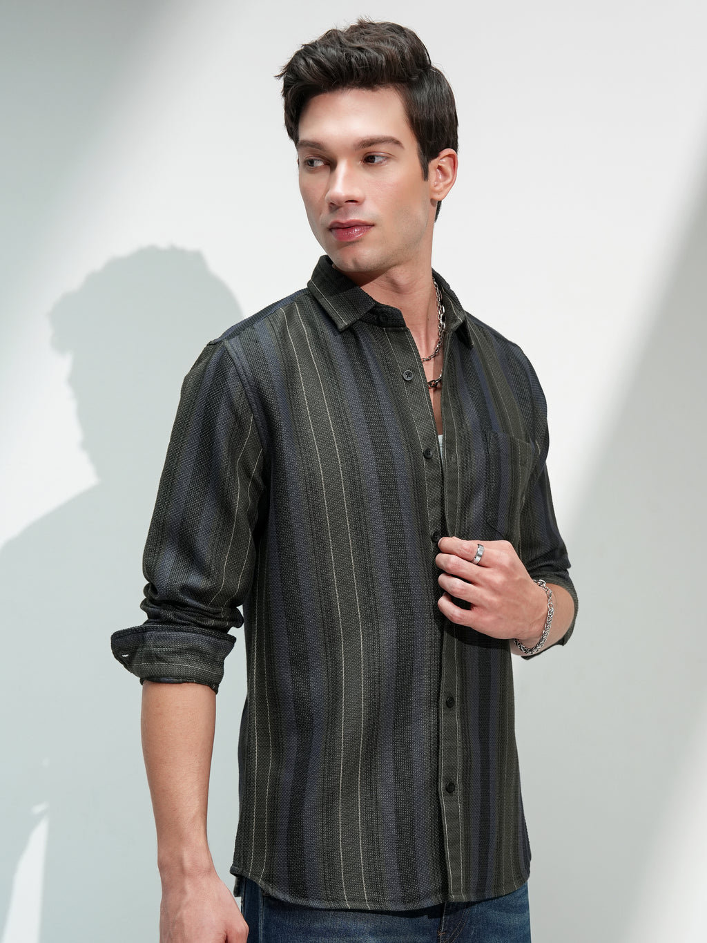Highlander Men Olive Striped Slim Fit Casual Shirt - Olive - Image 6