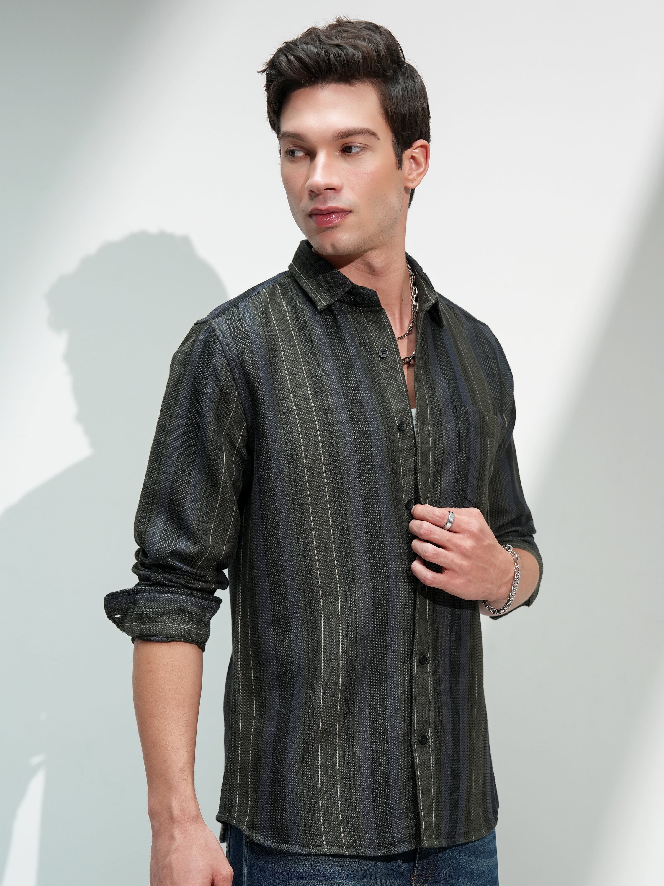 Highlander Men Olive Striped Slim Fit Casual Shirt - Olive - Image 6