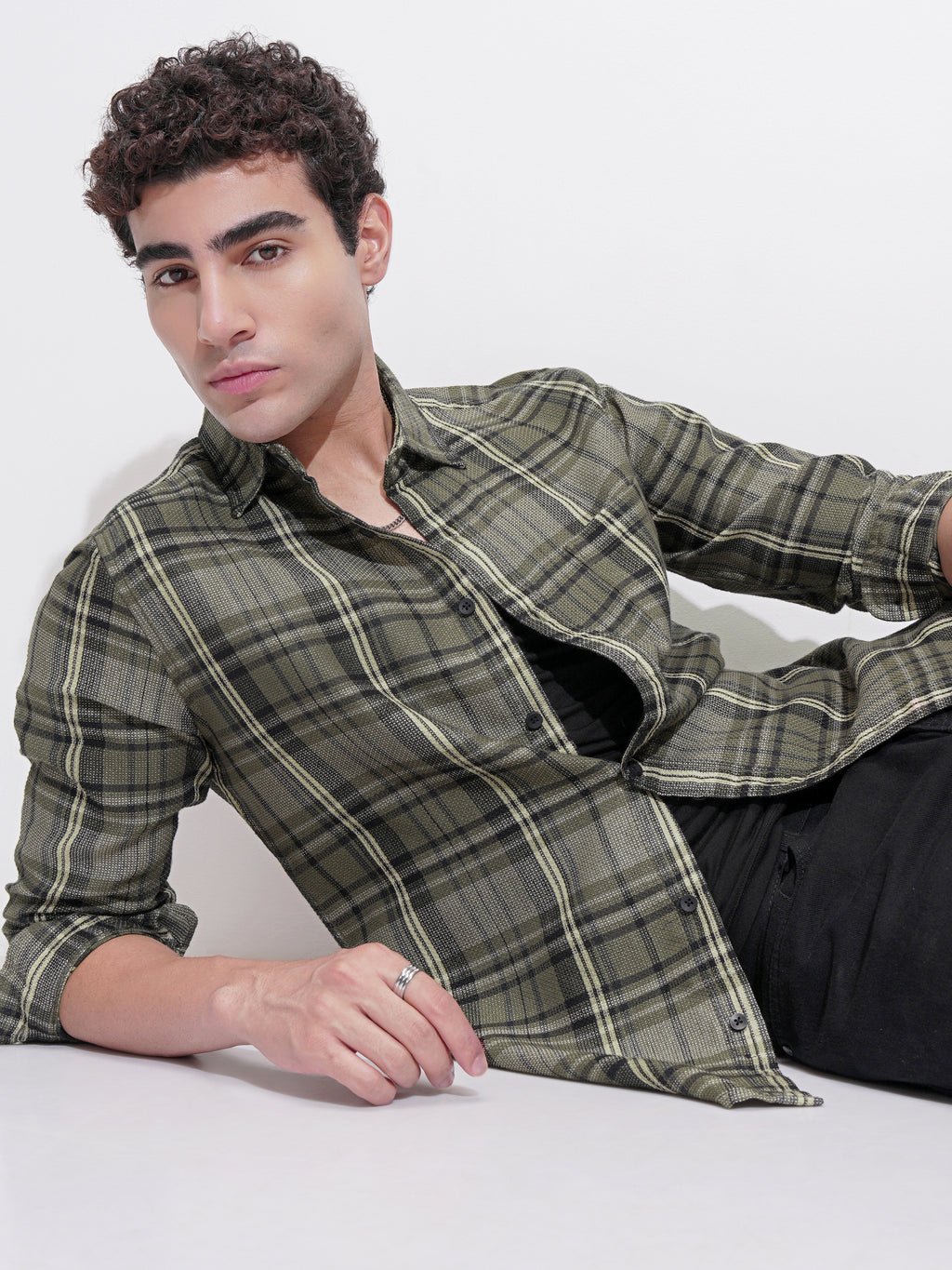 Highlander Men Olive Checked Slim Fit Casual Shirt - Olive - Image 1
