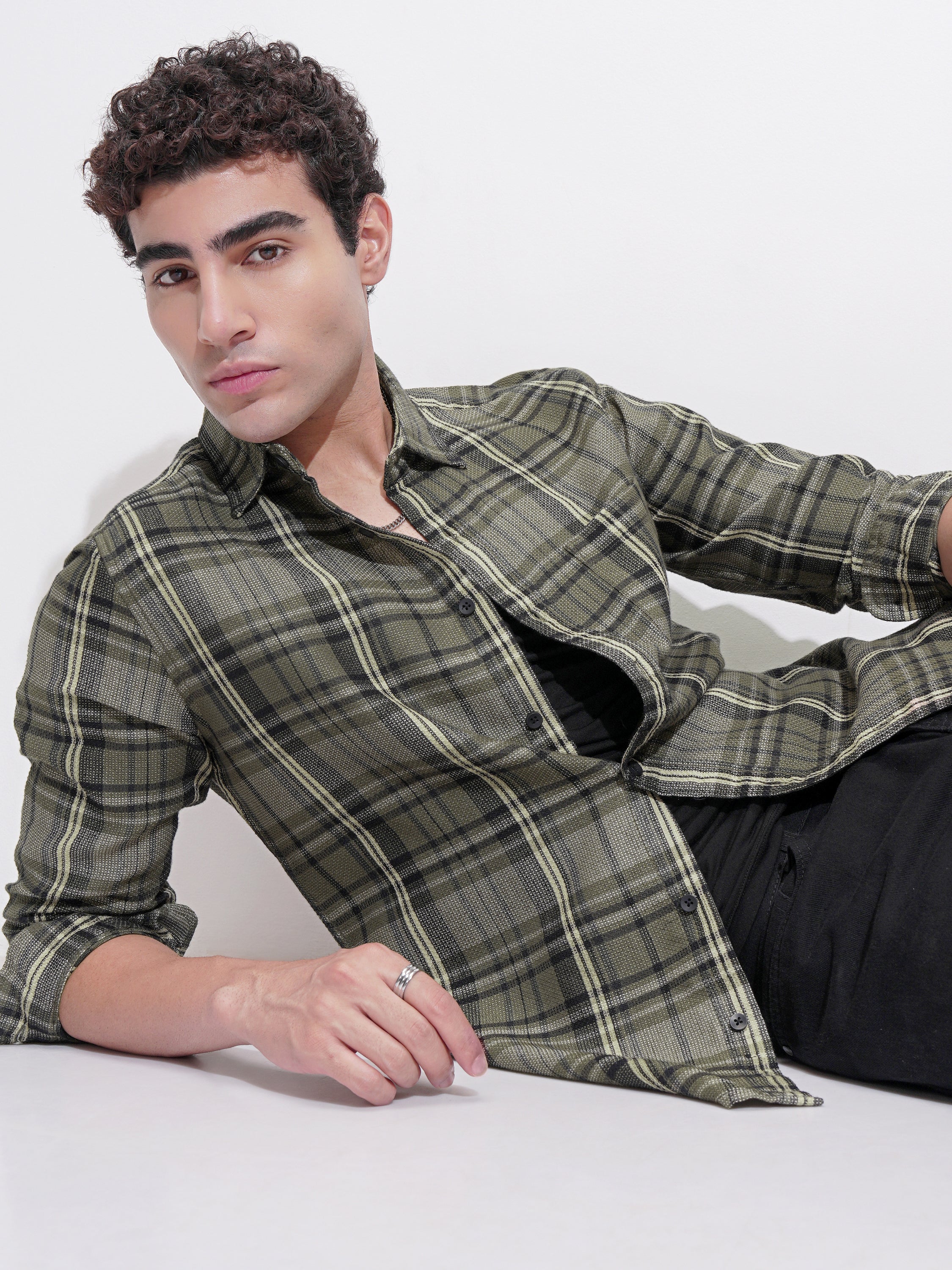 Highlander Men Olive Checked Slim Fit Casual Shirt - Olive - Image 1