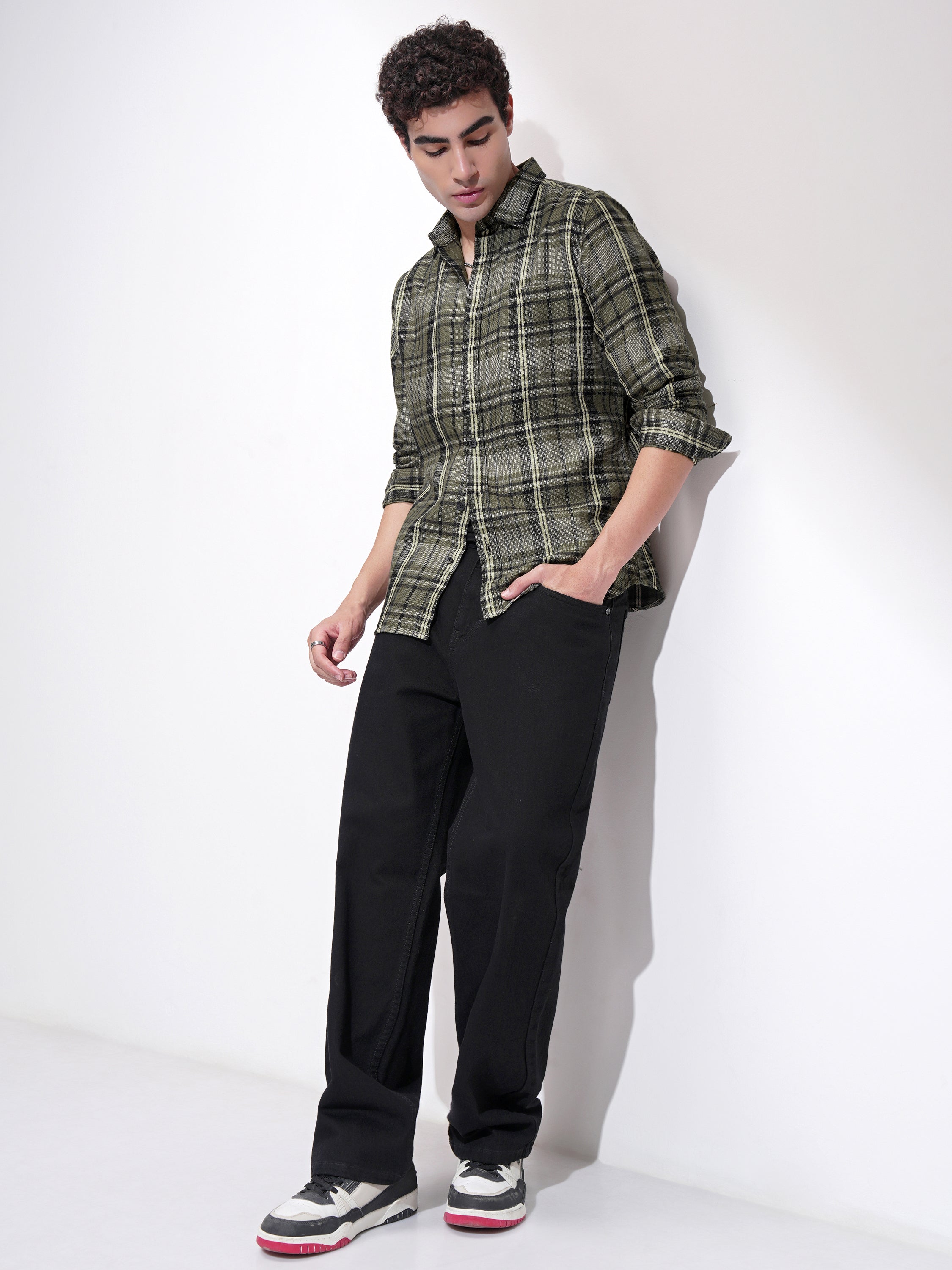 Highlander Men Olive Checked Slim Fit Casual Shirt - Olive - Image 2