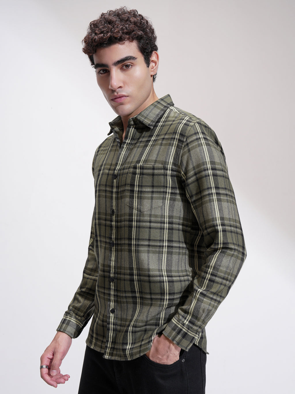 Highlander Men Olive Checked Slim Fit Casual Shirt - Olive - Image 4