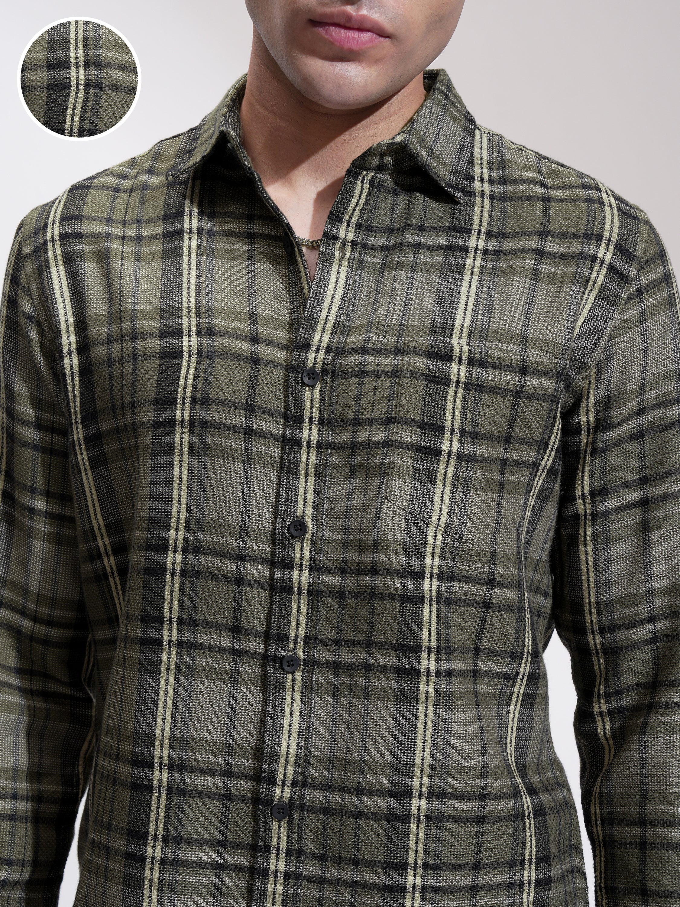 Highlander Men Olive Checked Slim Fit Casual Shirt - Olive - Image 5