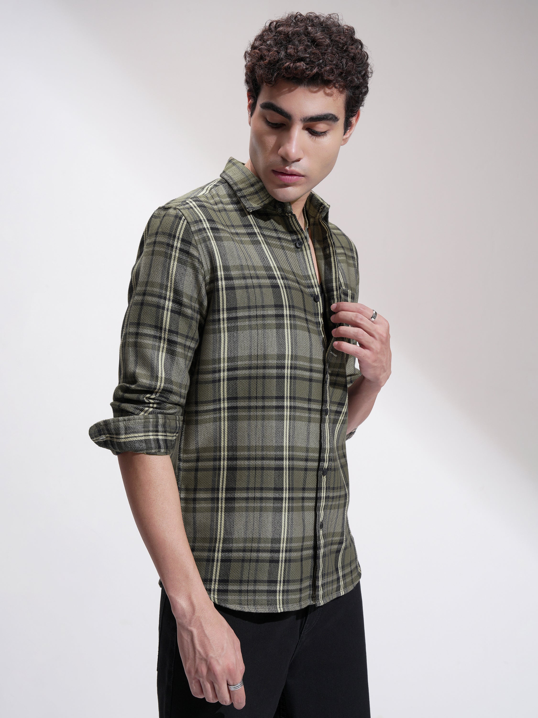 Highlander Men Olive Checked Slim Fit Casual Shirt - Olive - Image 6