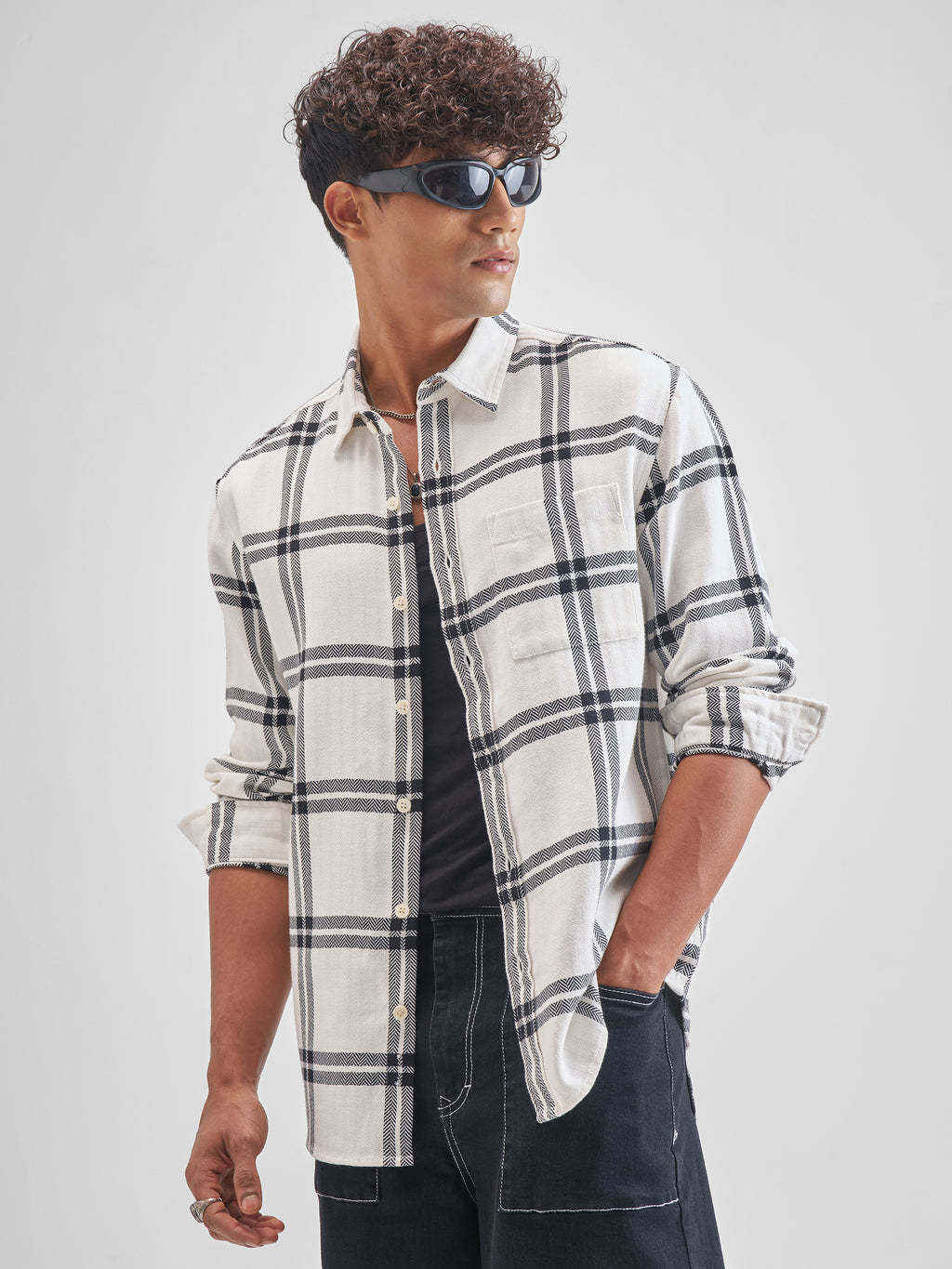 Highlander Men Off White Checked Relaxed Fit Casual Shirt - Off White - Image 4