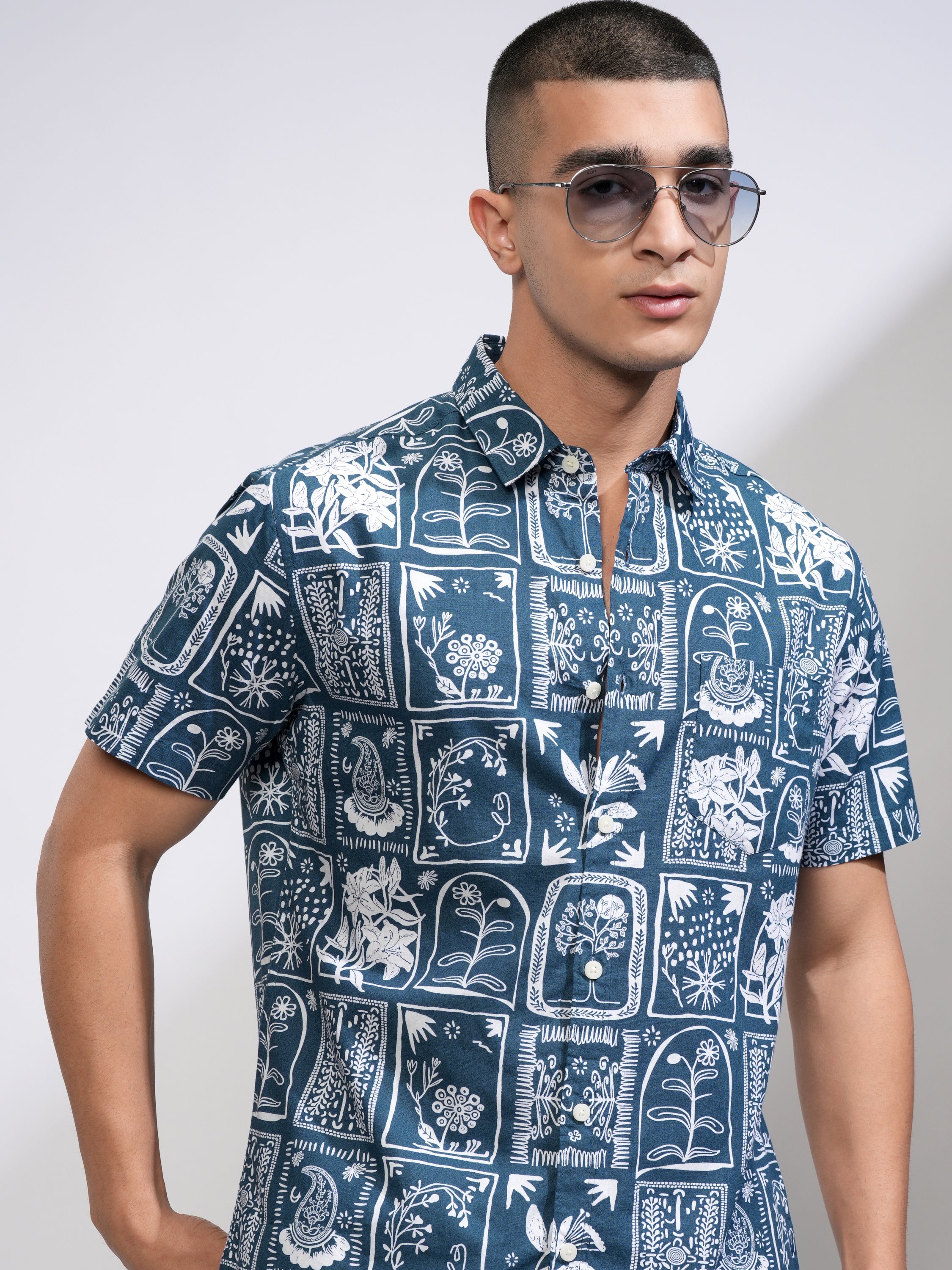Highlander Men Blue Printed Slim Fit Casual Shirt - Blue - Image 1