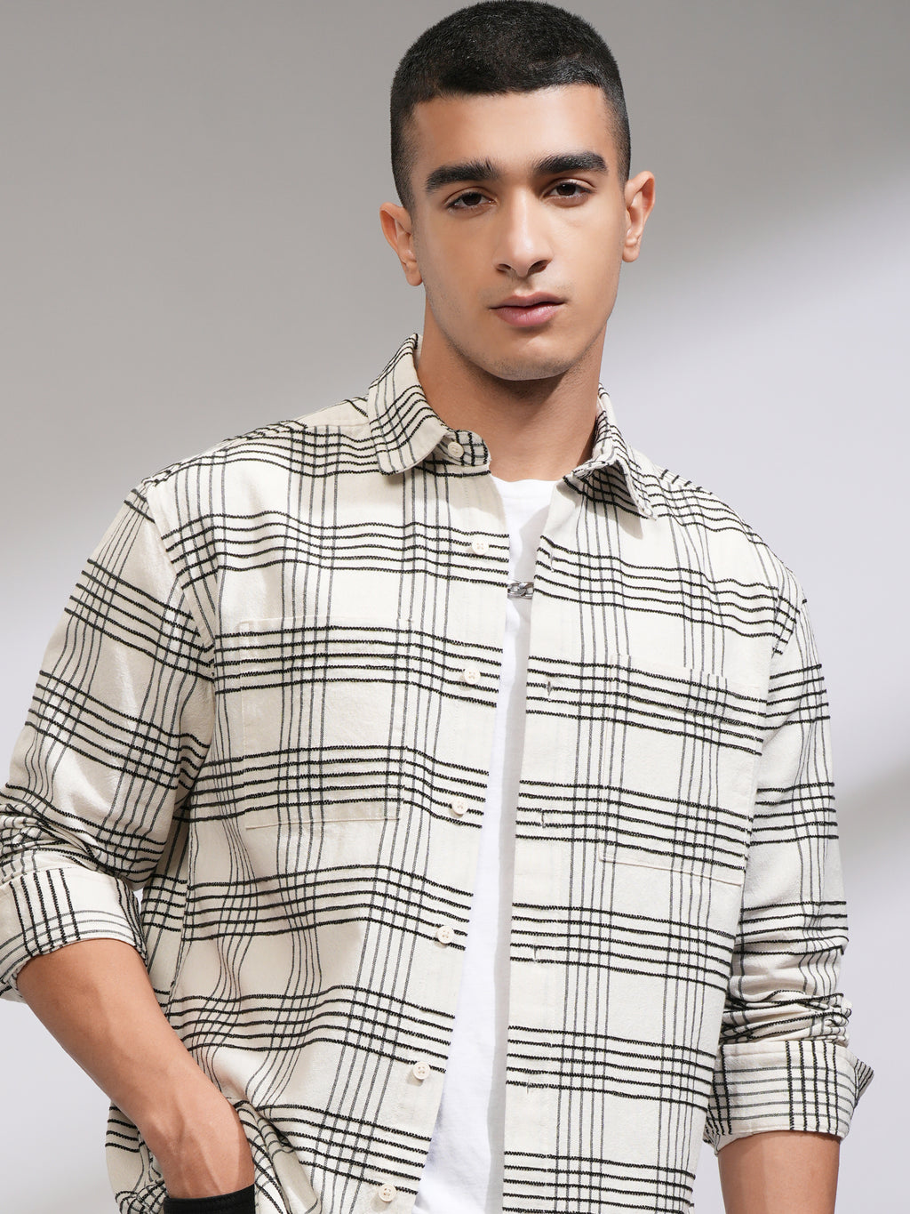 Highlander Men Off White Checked Relaxed Fit Casual Shirt - Off White - Image 1