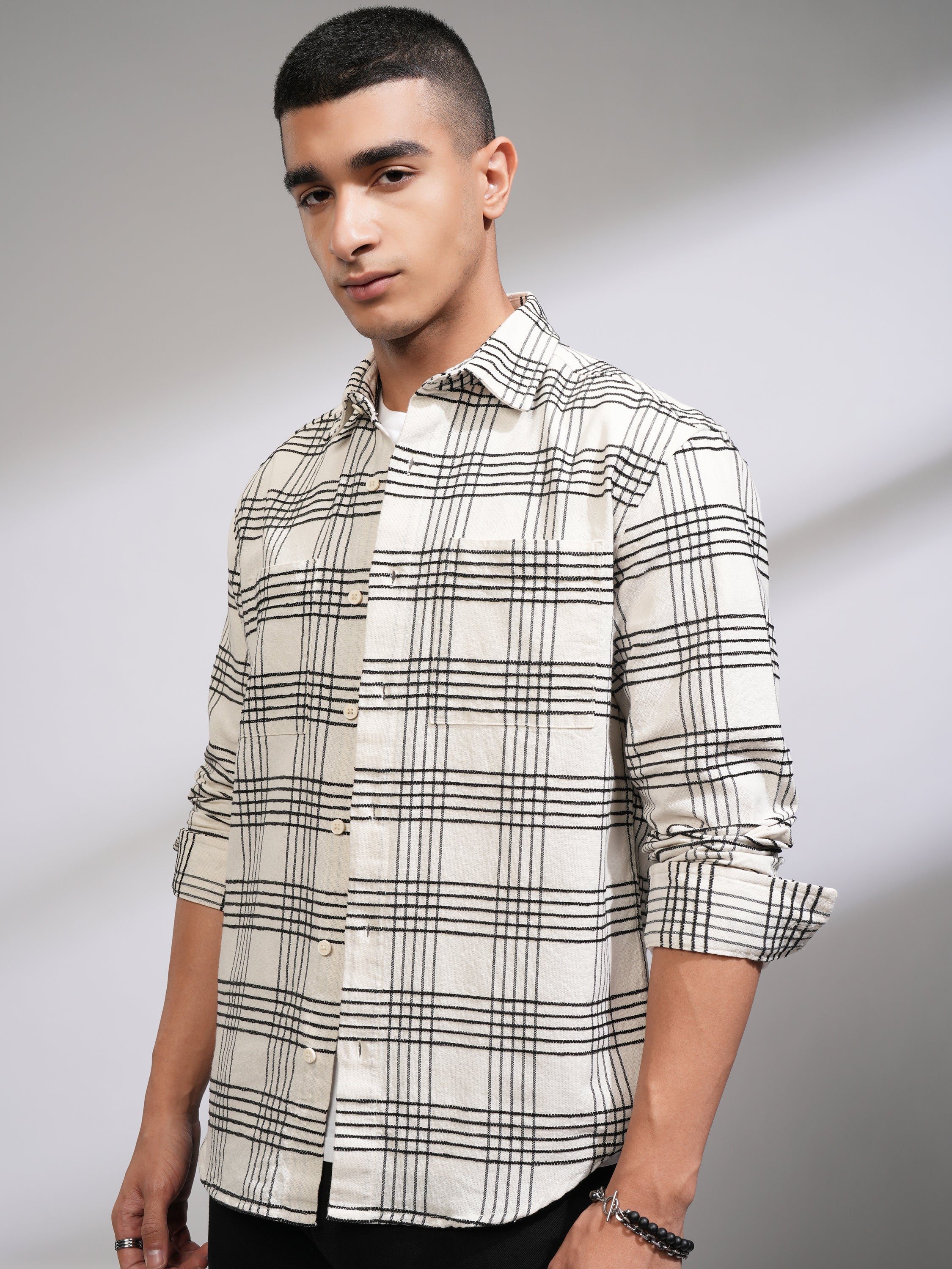Highlander Men Off White Checked Relaxed Fit Casual Shirt - Off White - Image 4