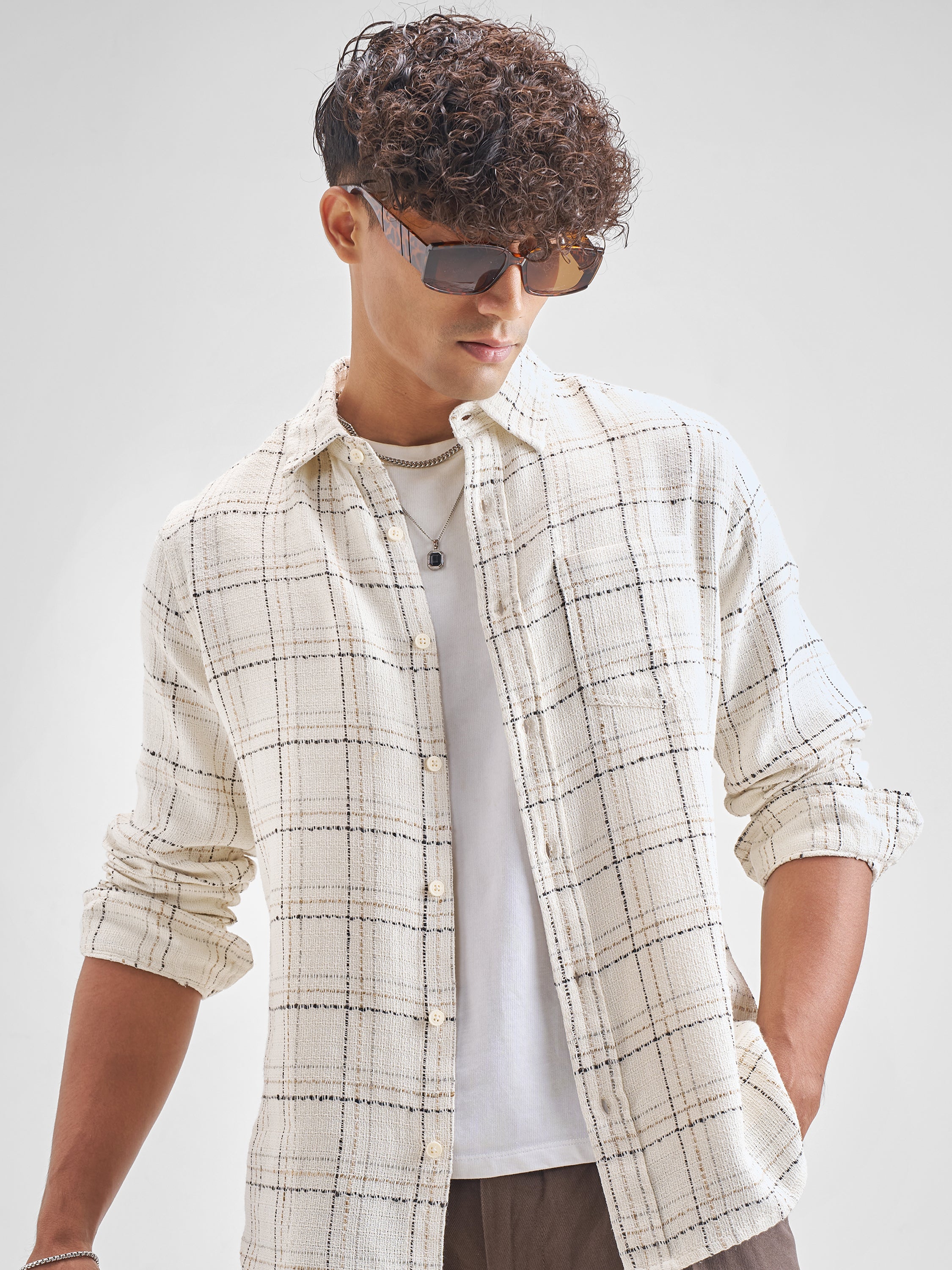Highlander Men Off White Checked Slim Fit Casual Shirt - Off White - Image 1