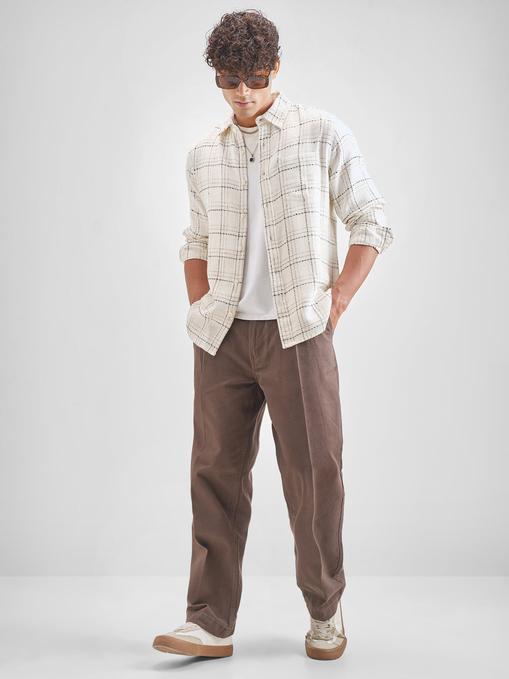 Highlander Men Off White Checked Slim Fit Casual Shirt - Off White - Image 2