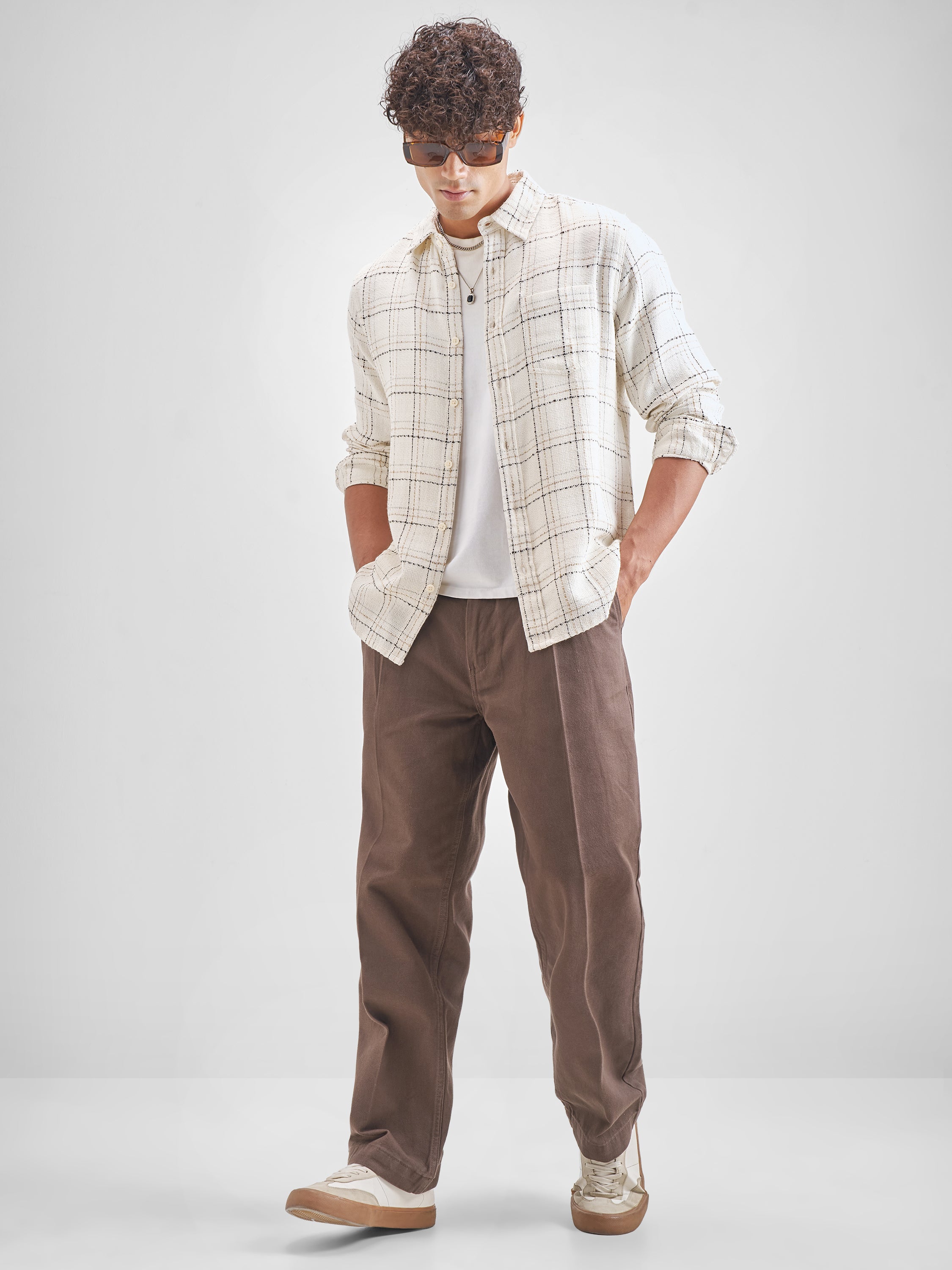 Highlander Men Off White Checked Slim Fit Casual Shirt - Off White - Image 2
