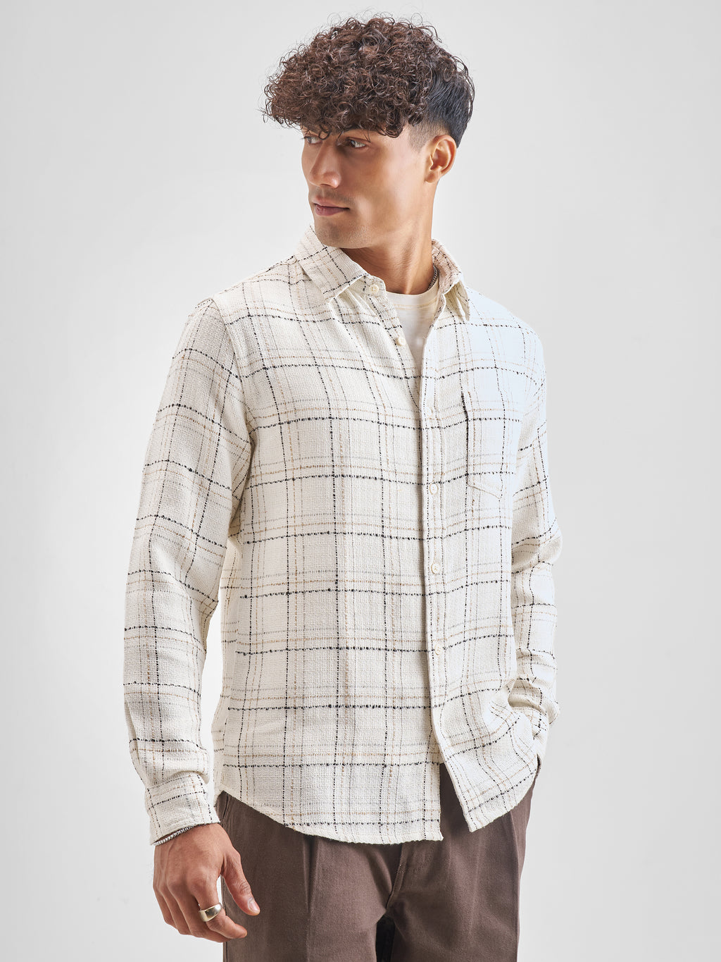 Highlander Men Off White Checked Slim Fit Casual Shirt - Off White - Image 6
