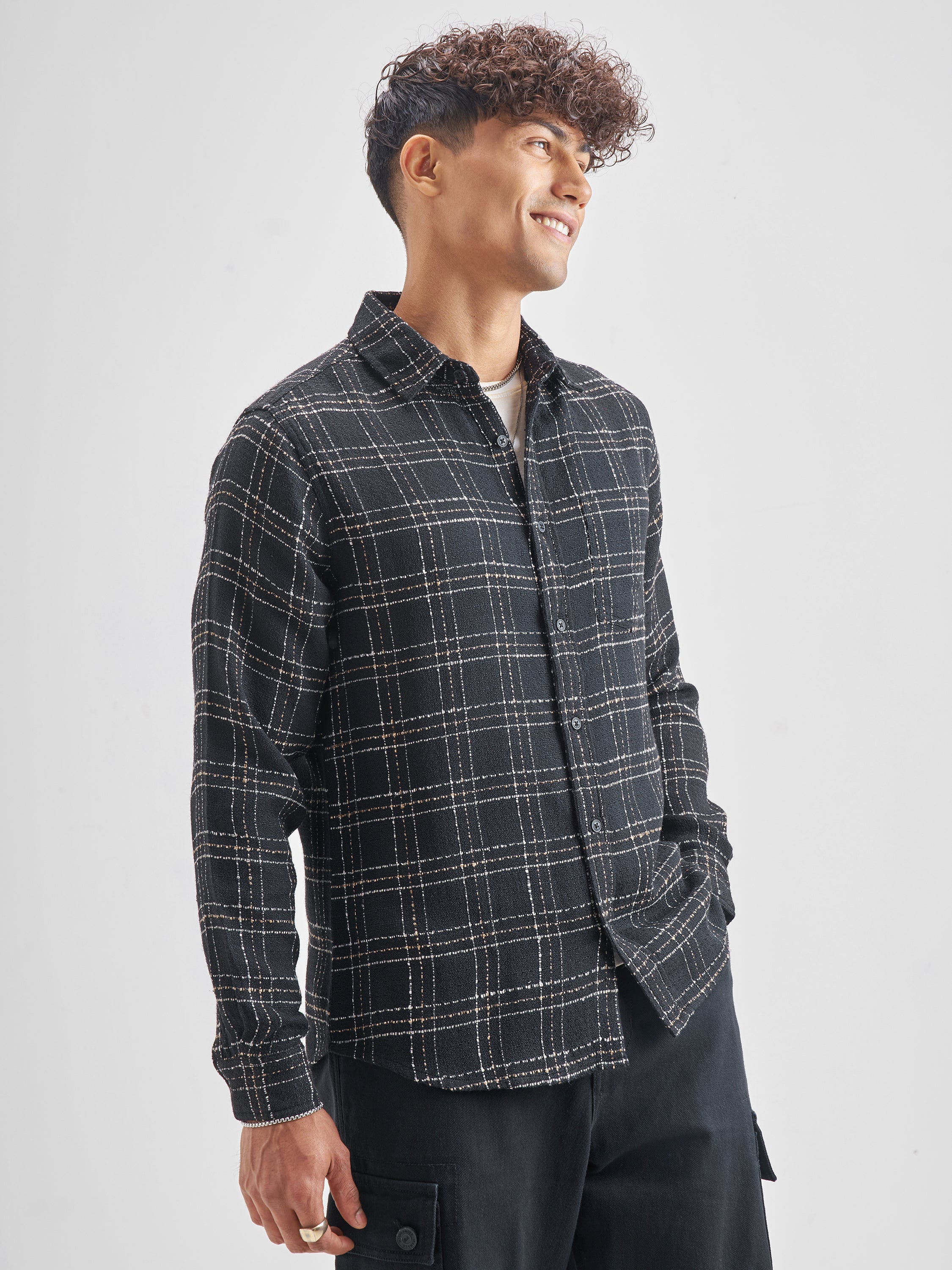 Highlander Men Black Black Checked Slim Fit Casual Shirt - Black - Image 6