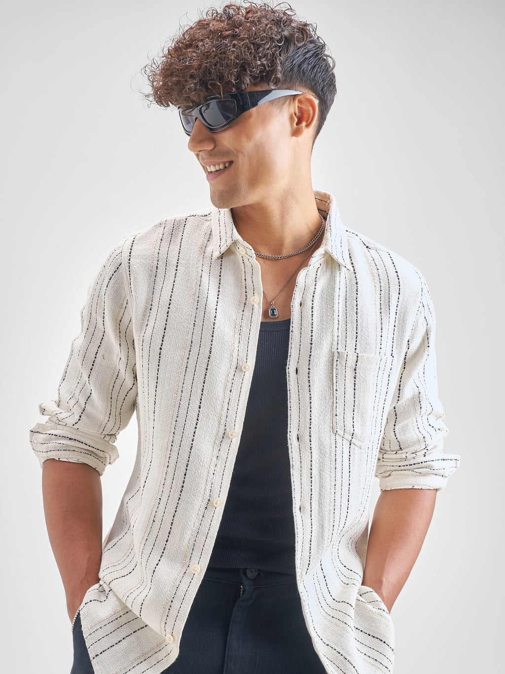 Highlander Men Off White Striped Slim Fit Casual Shirt - Off White - Image 1