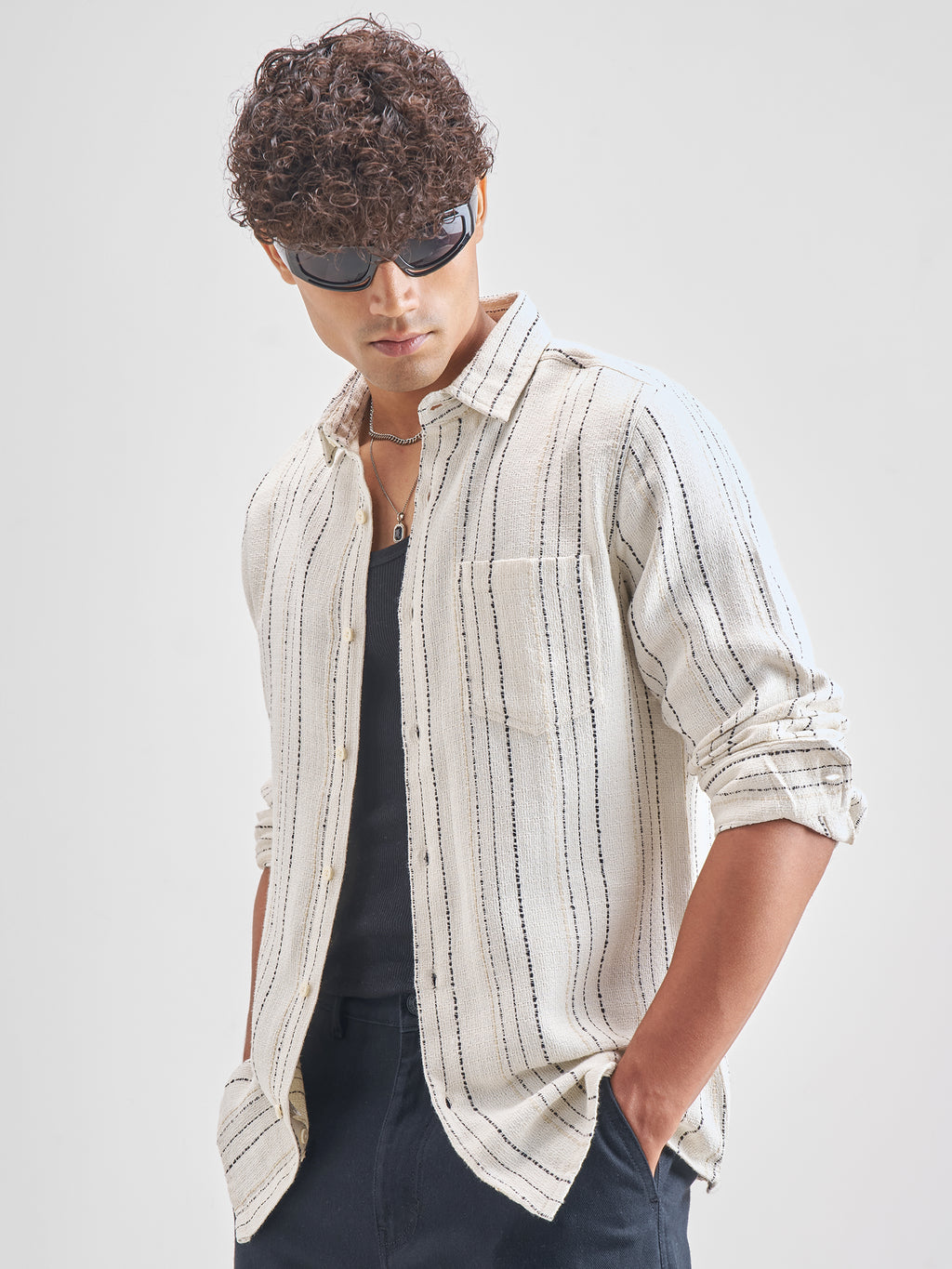 Highlander Men Off White Striped Slim Fit Casual Shirt - Off White - Image 4