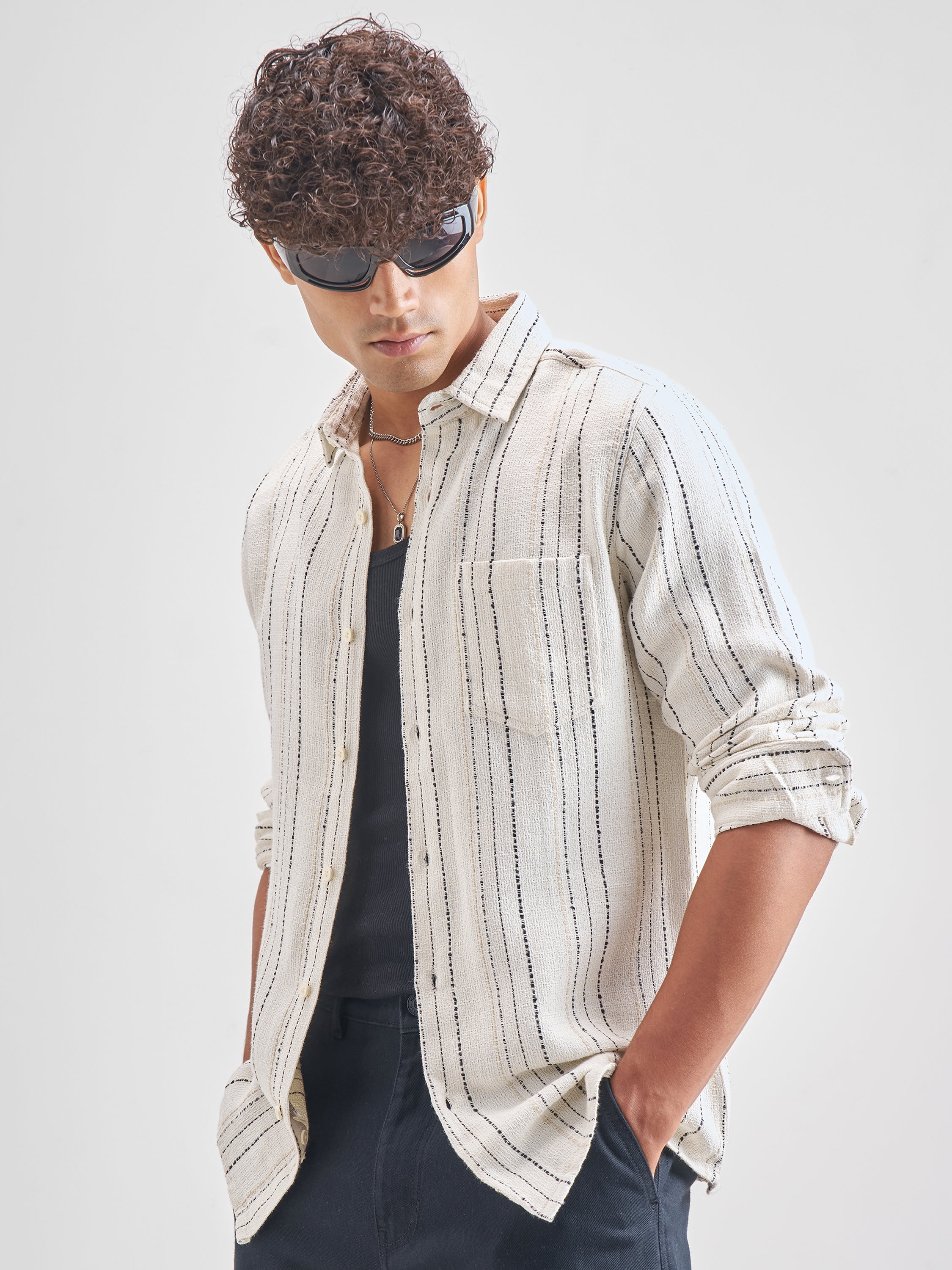 Highlander Men Off White Striped Slim Fit Casual Shirt - Off White - Image 4