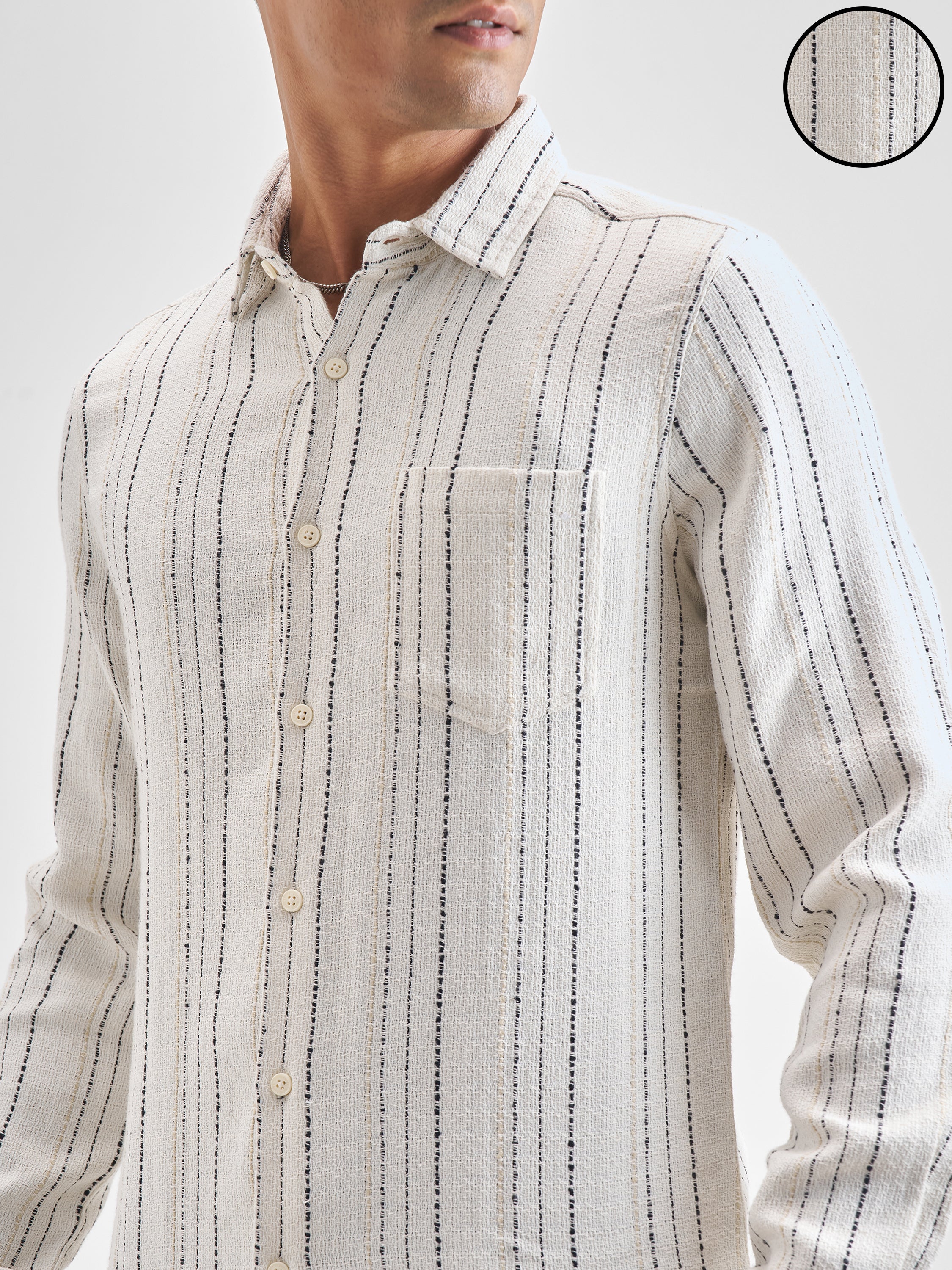 Highlander Men Off White Striped Slim Fit Casual Shirt - Off White - Image 5