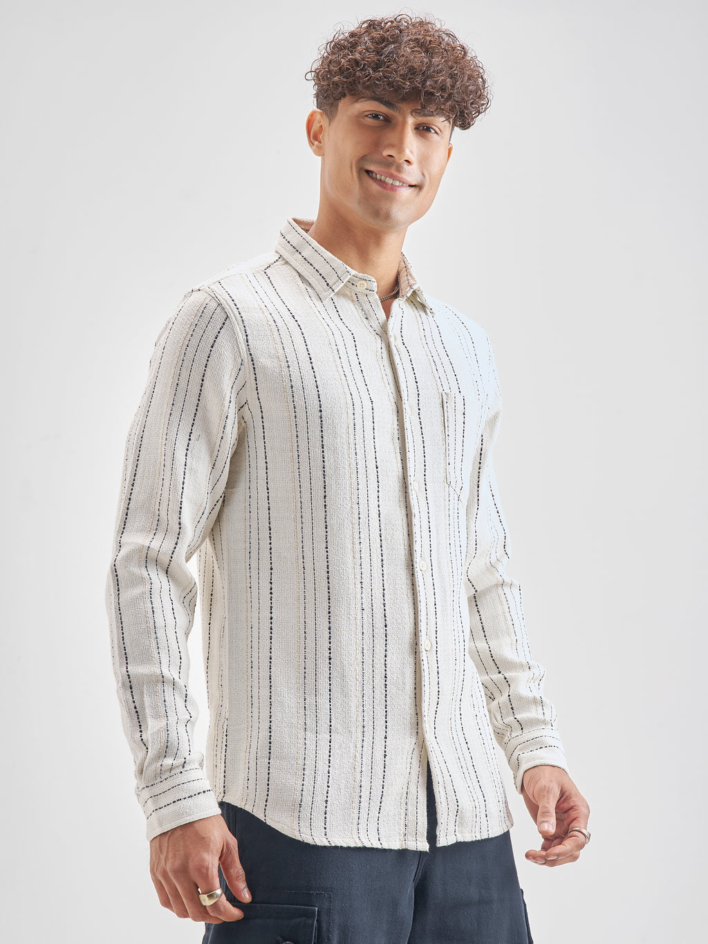 Highlander Men Off White Striped Slim Fit Casual Shirt - Off White - Image 6