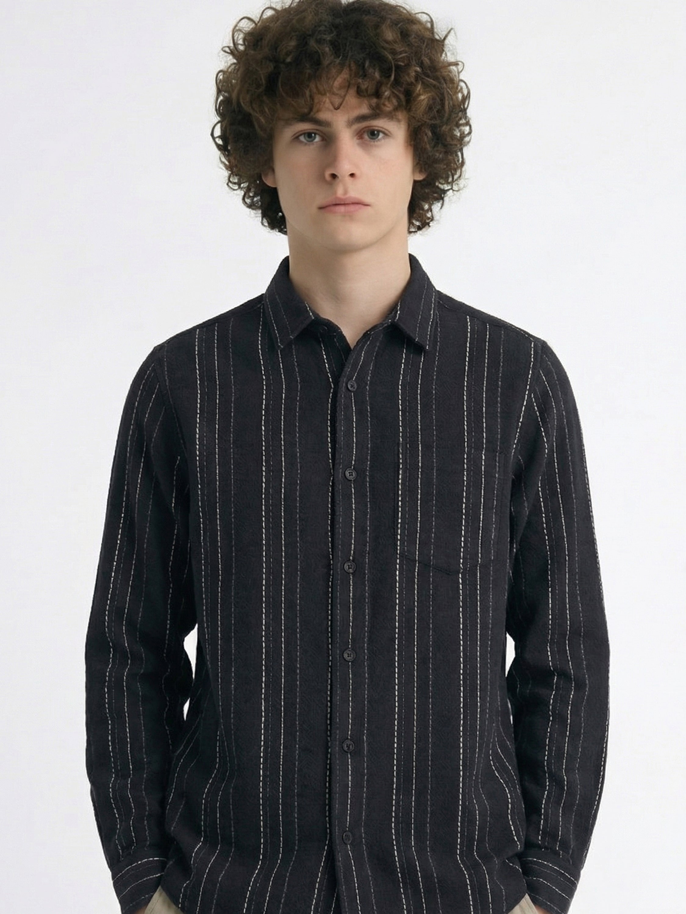 Highlander Men Black Striped Slim Fit Casual Shirt - Black - Image 1