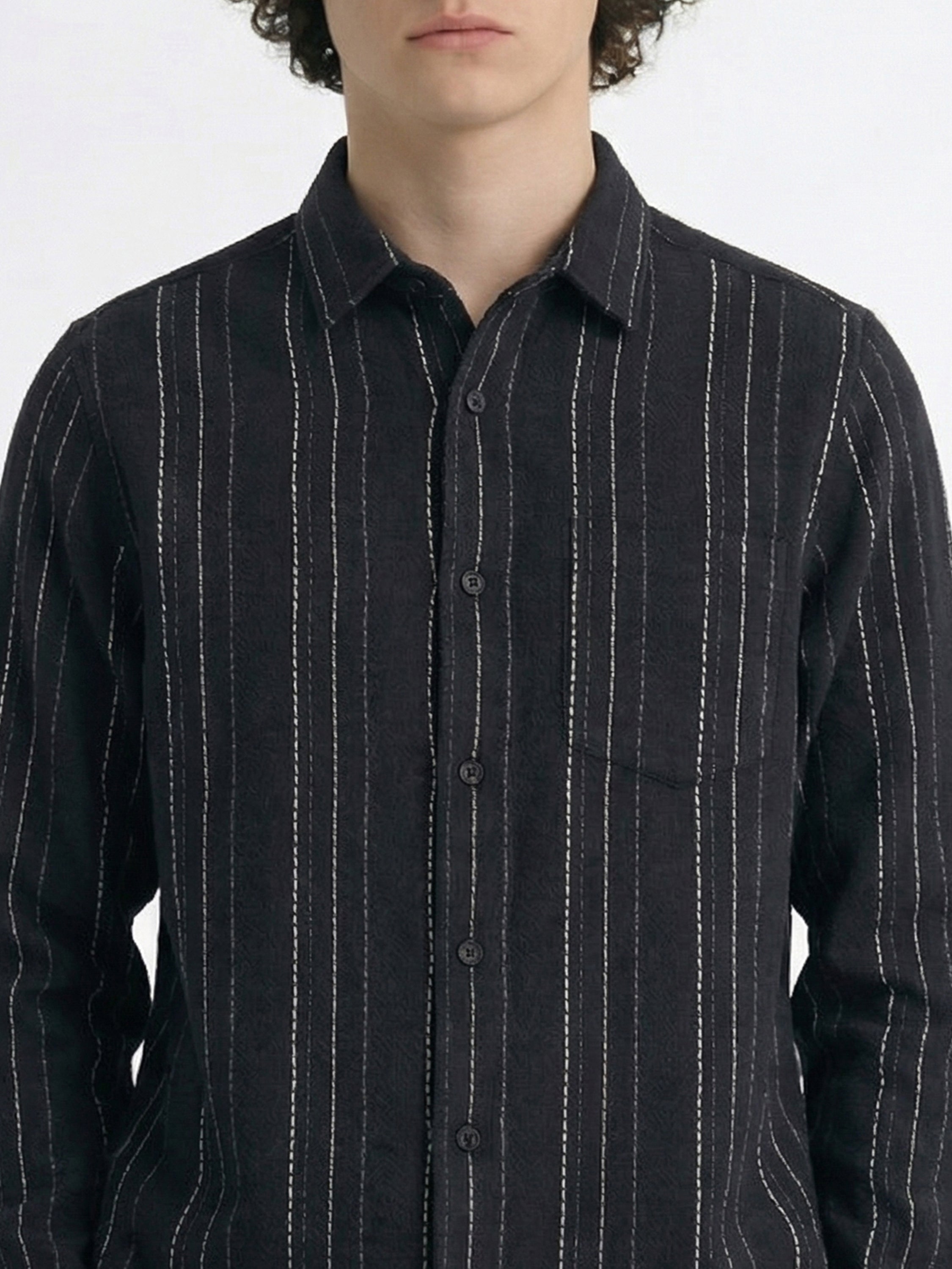 Highlander Men Black Striped Slim Fit Casual Shirt - Black - Image 5