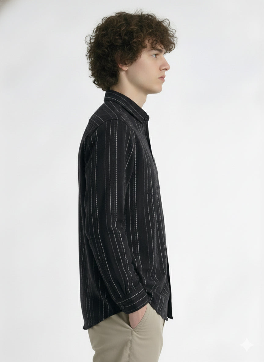 Highlander Men Black Striped Slim Fit Casual Shirt - Black - Image 6