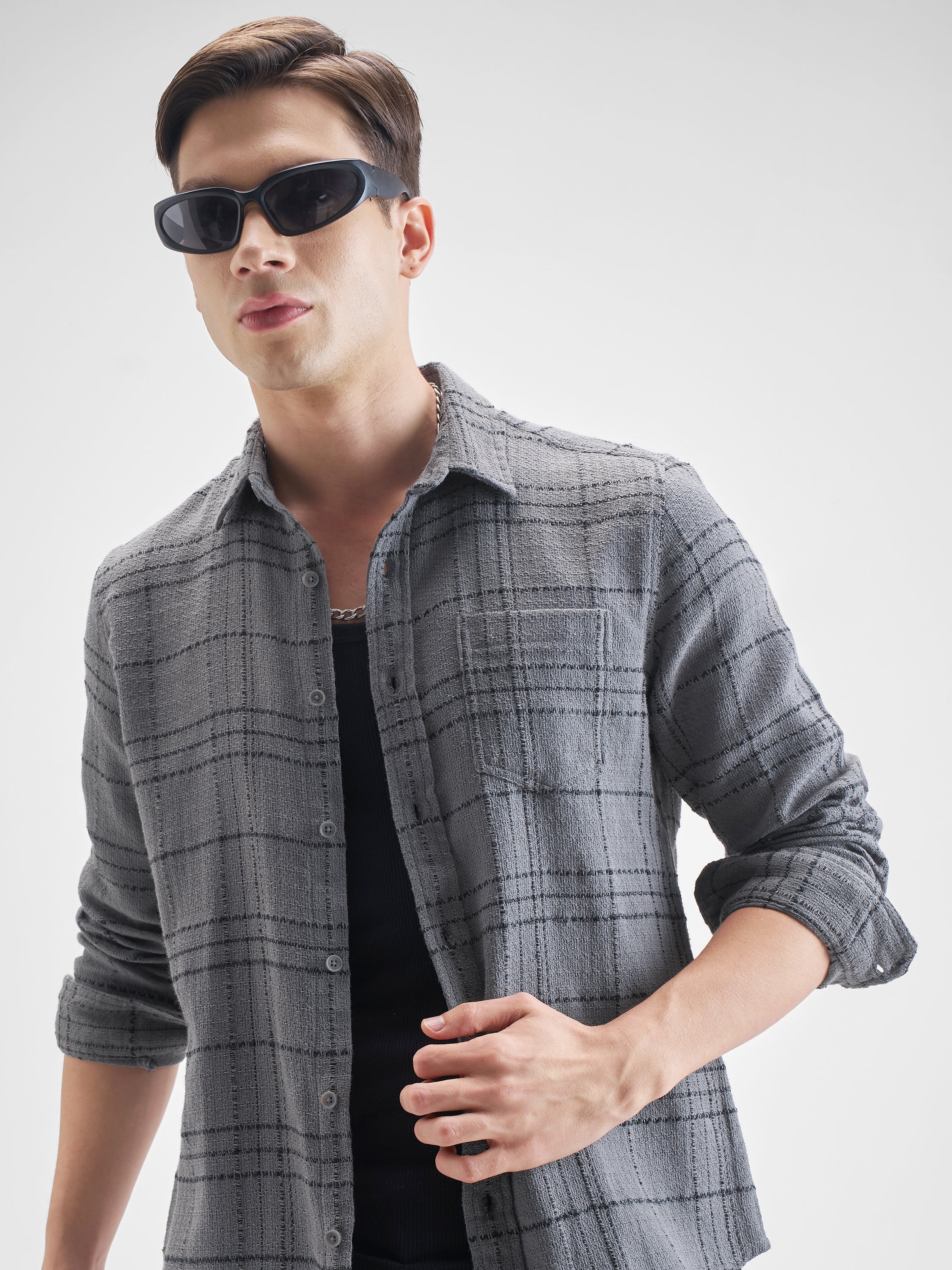 Highlander Men Grey Checked Slim Fit Casual Shirt - Grey - Image 1