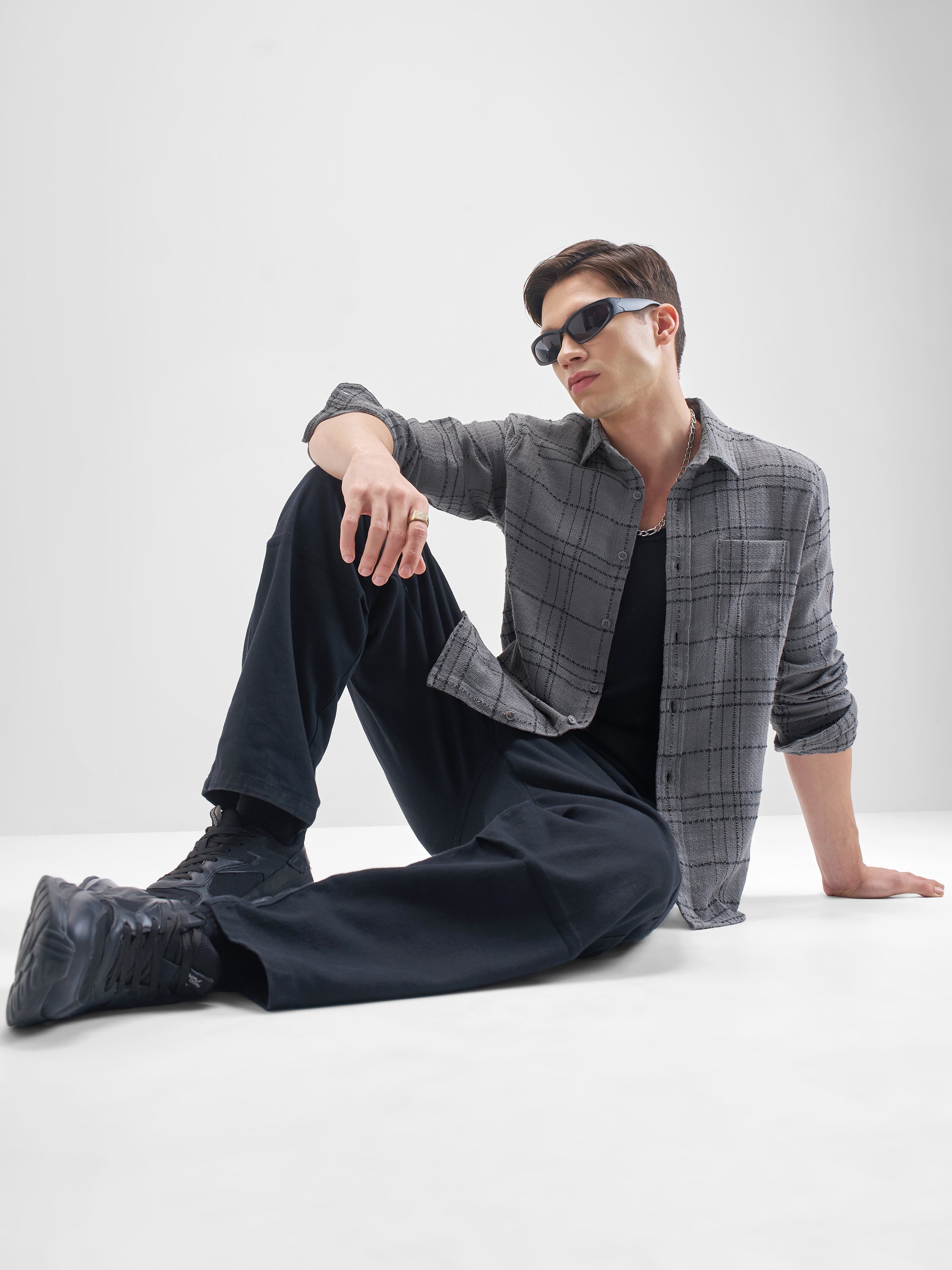 Highlander Men Grey Checked Slim Fit Casual Shirt - Grey - Image 2