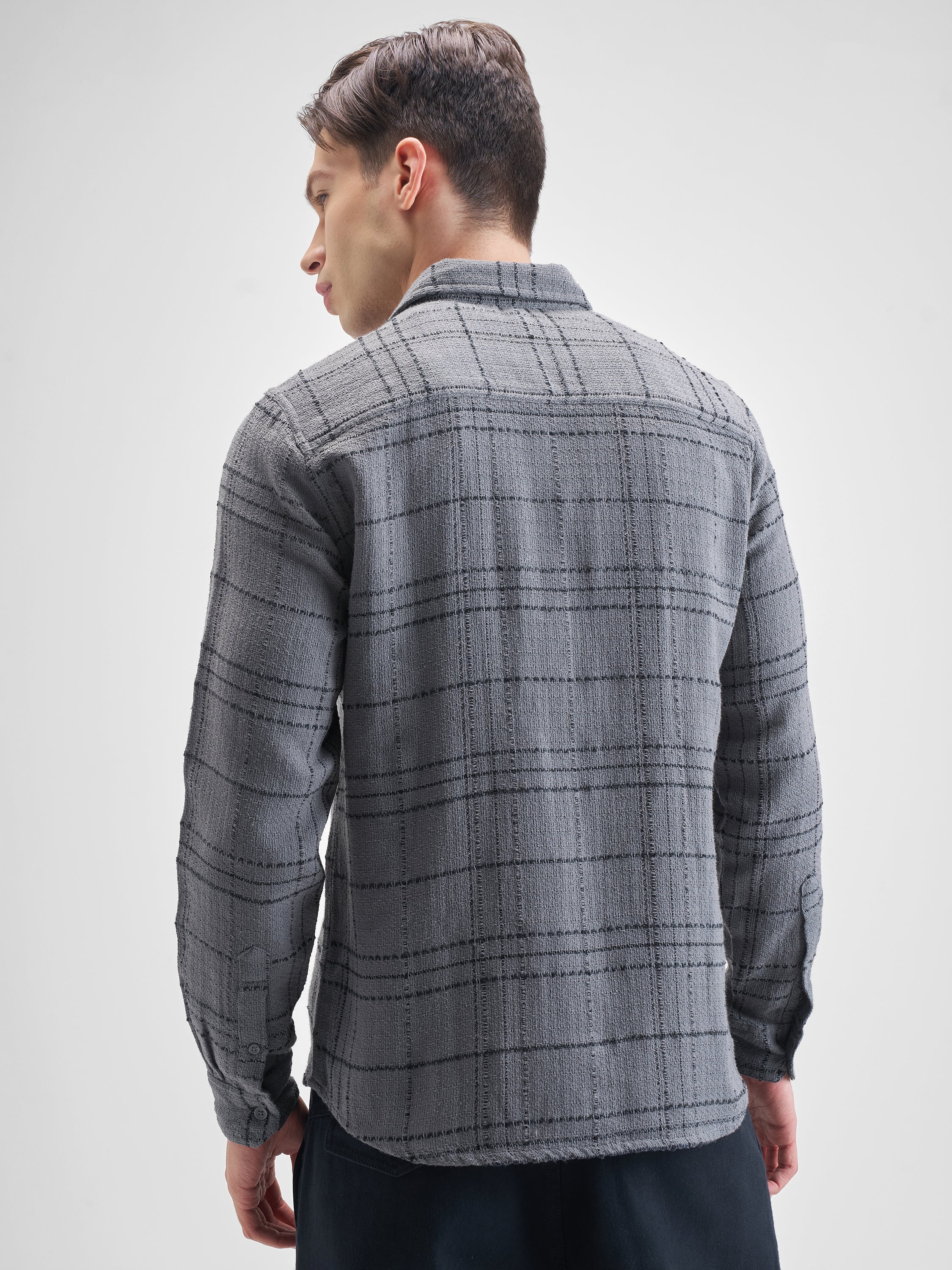 Highlander Men Grey Checked Slim Fit Casual Shirt - Grey - Image 3