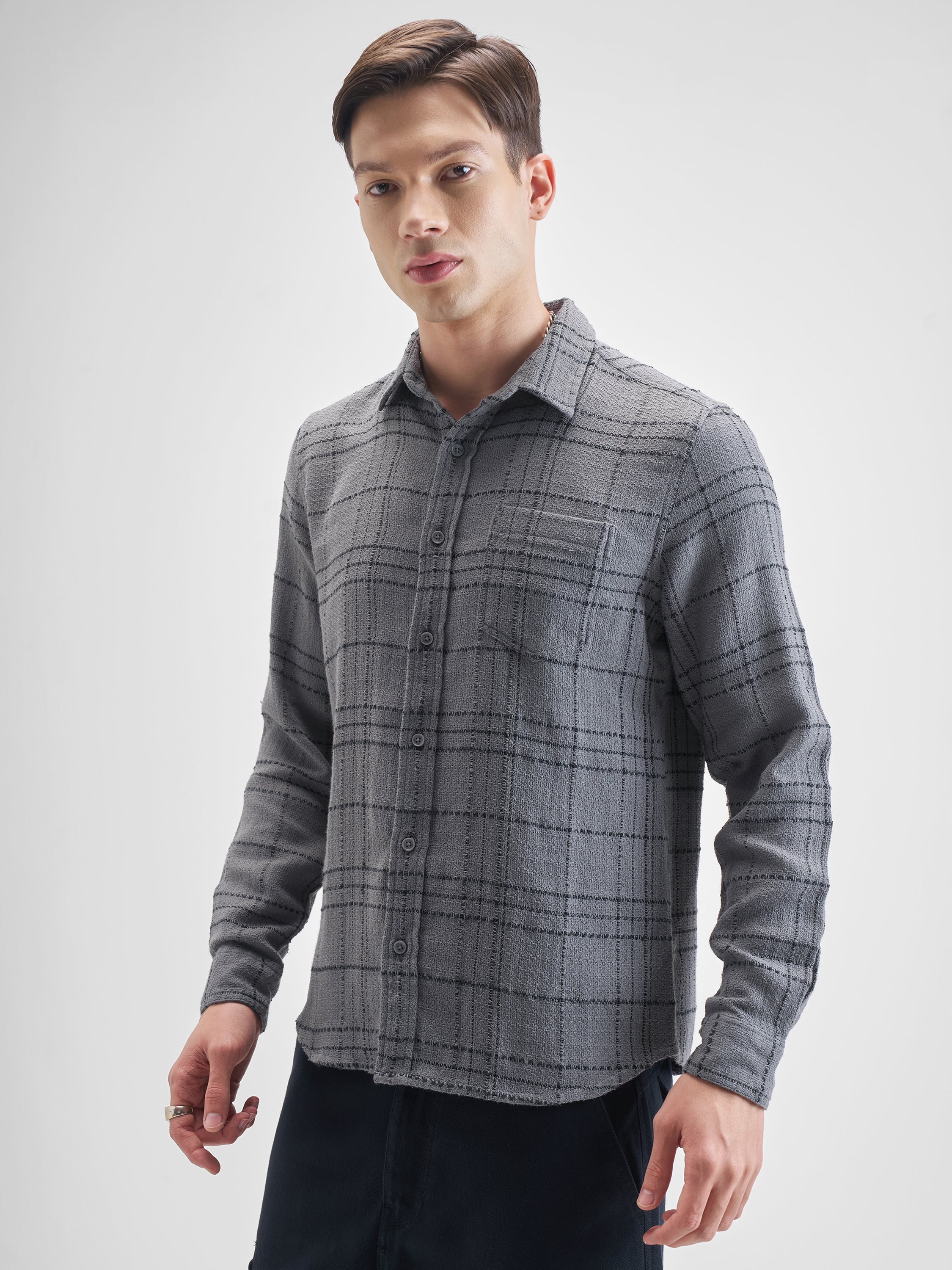 Highlander Men Grey Checked Slim Fit Casual Shirt - Grey - Image 4