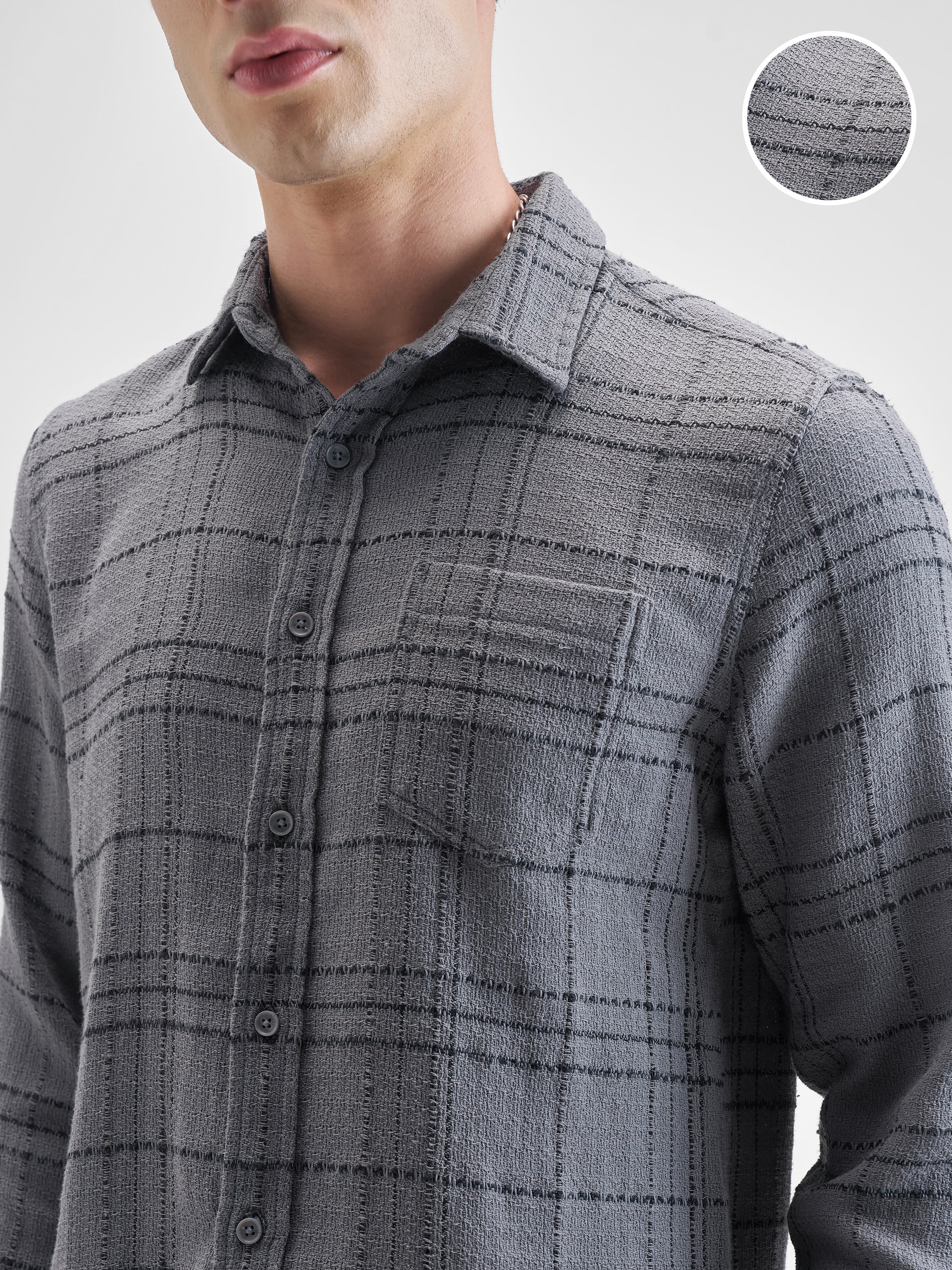 Highlander Men Grey Checked Slim Fit Casual Shirt - Grey - Image 5